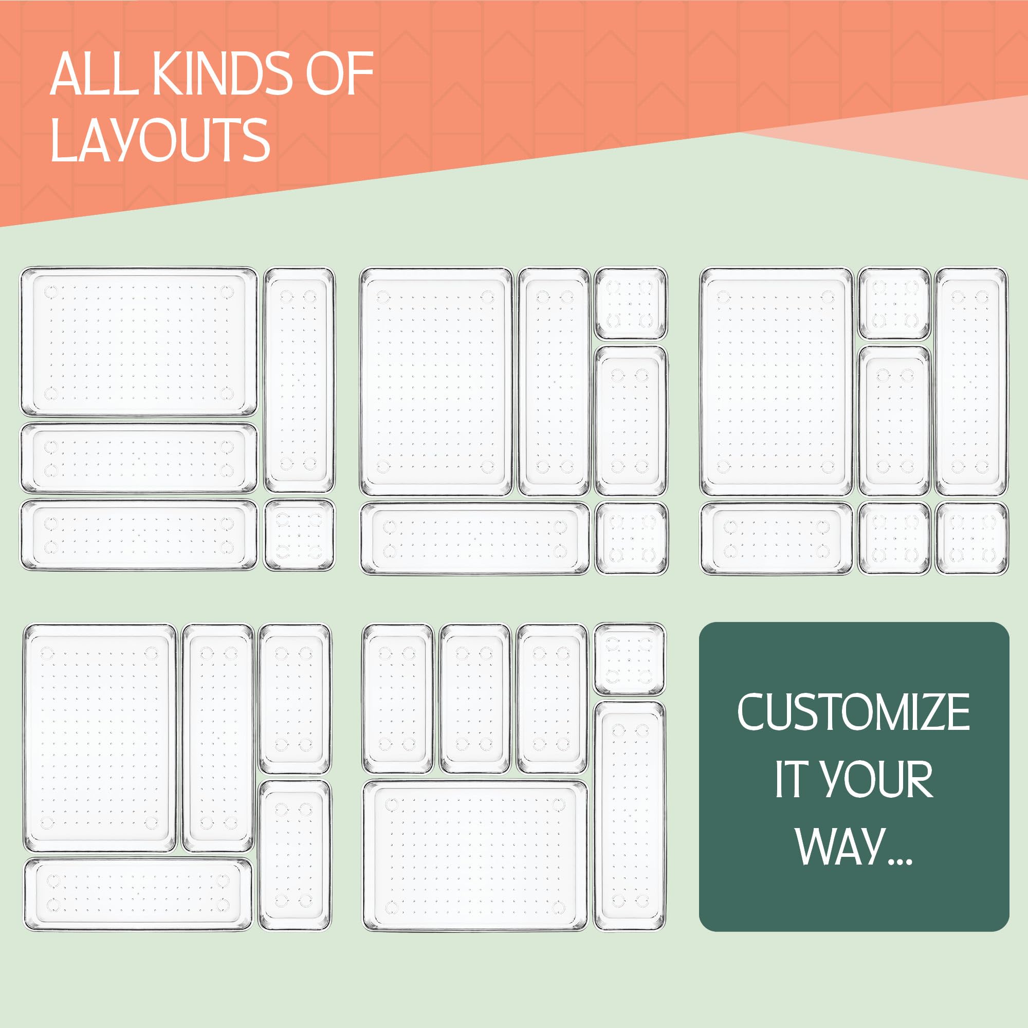25-Piece Clear Plastic Drawer Organizer Set - 4 Sizes for Makeup, Jewelry, Kitchen & Office Storage - Non-Slip Bathroom Vanity Trays - Perfect for Bedroom, Bathroom & Kitchen Organization