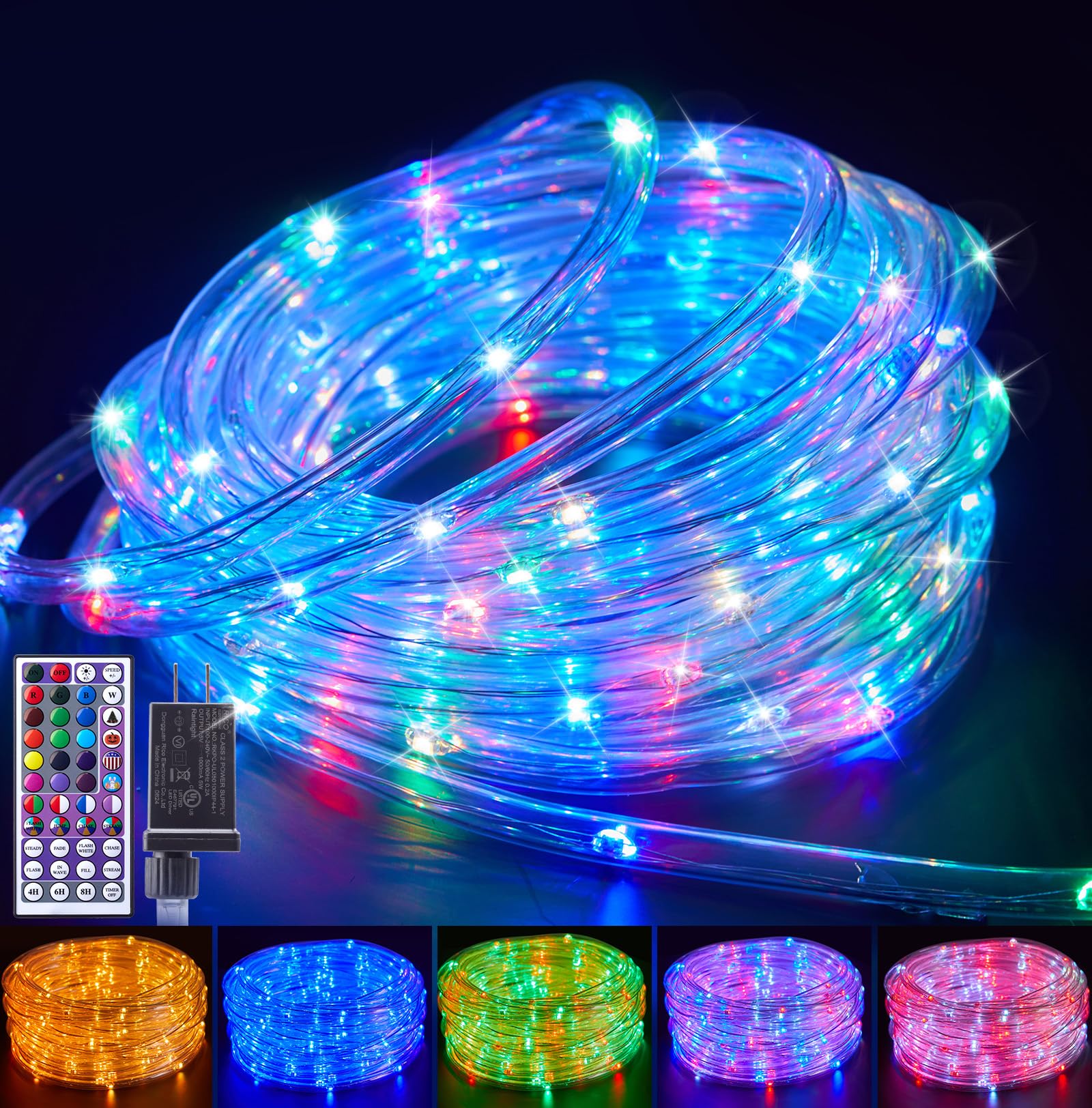 Brightown 33 FT 24 Color Changing LED Rope Lights with Remote - 100 LED Waterproof Outdoor String Lights for Patio, Garden, Christmas Decorations - Perfect for Bedroom, Party, and Holiday Lighting