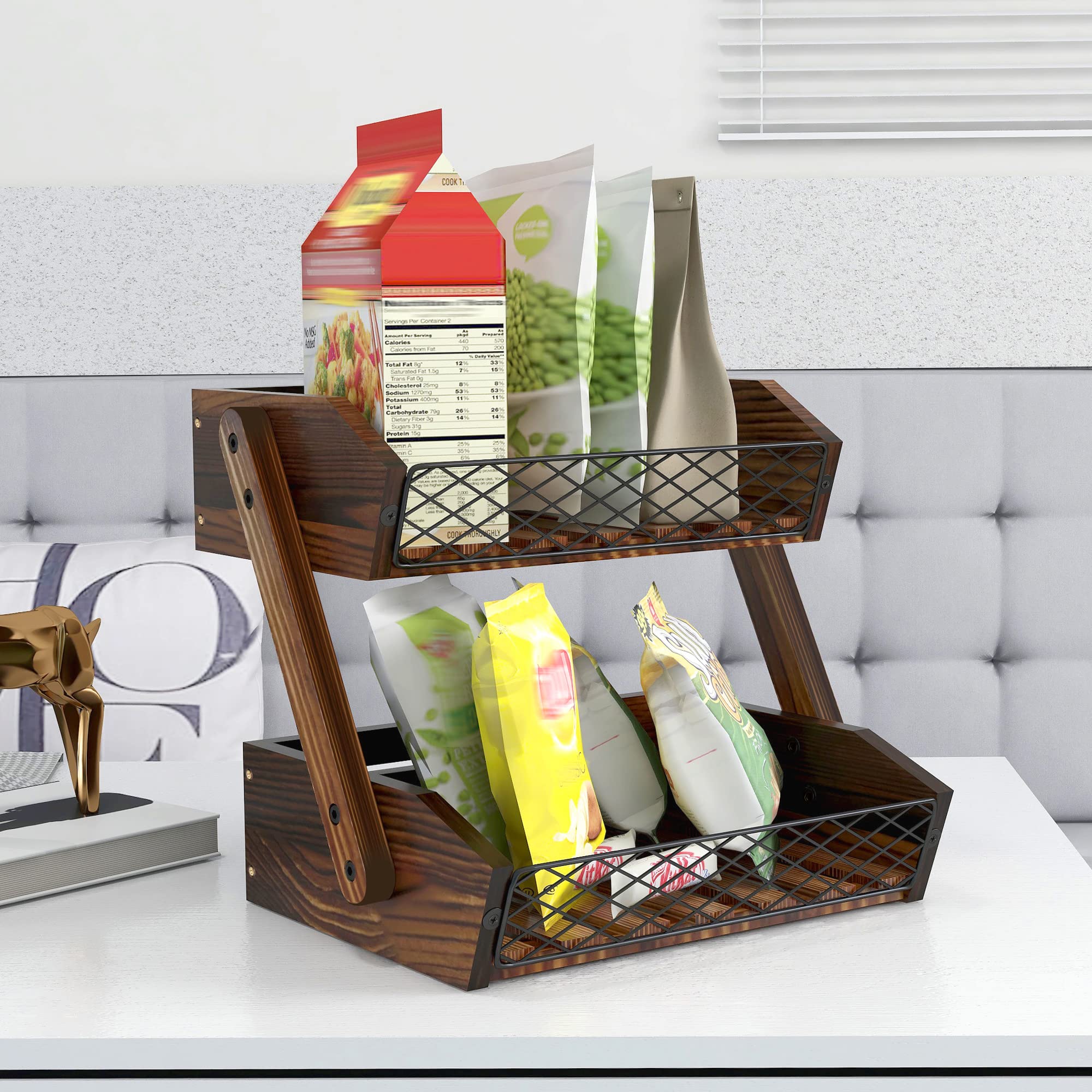 2-Tier Wooden Fruit Basket for Kitchen Counter - Multi-Purpose Organizer for Fruits, Vegetables & Bread | Perfect for Countertop Storage, Pantry Organization & Dining Table Decor