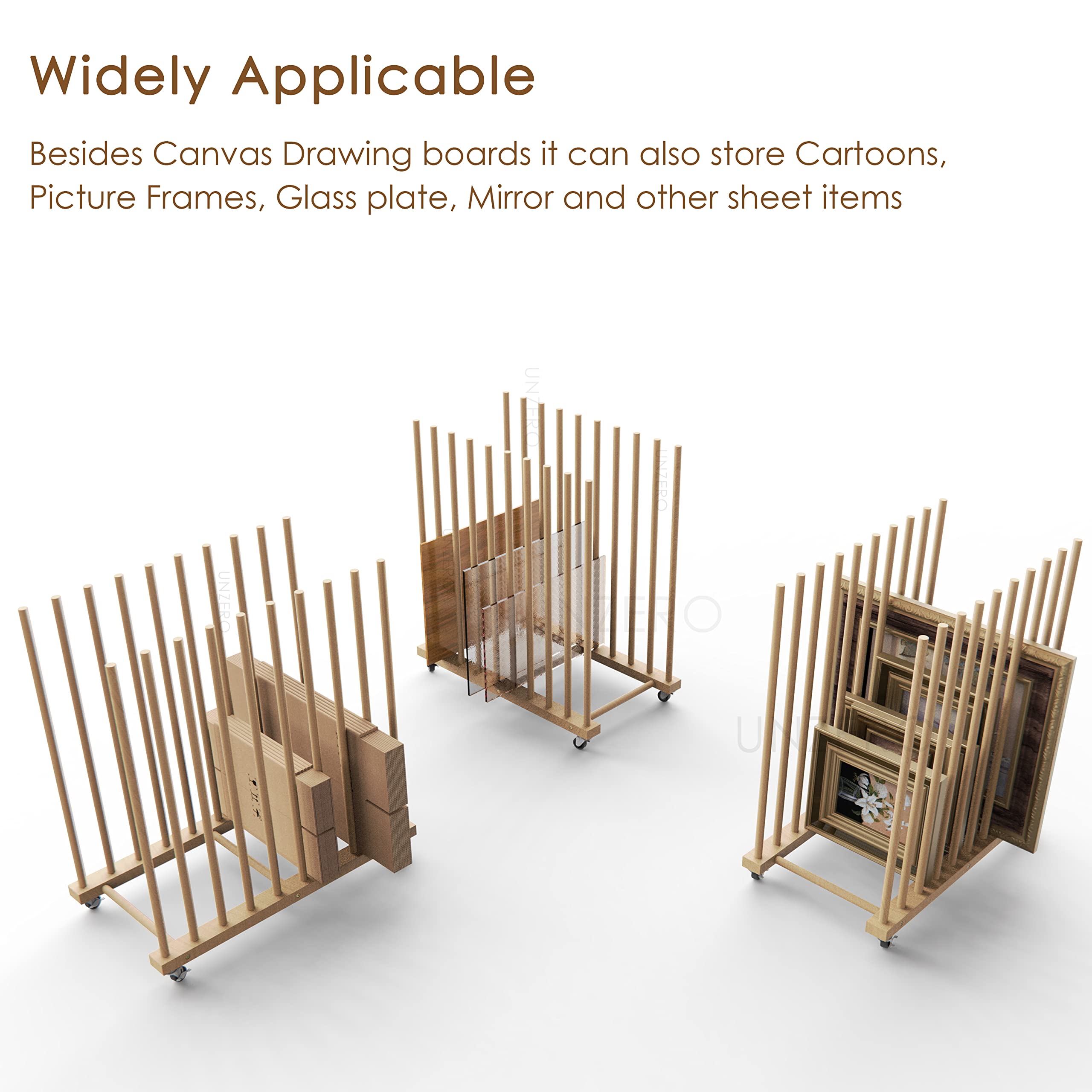 Wooden Art Storage Rack with 4 Caster Wheels - Heavy Duty Organizer for Canvas Boards, Panels, Frames & Drawing Boards - Perfect for Artists, Studios & Classrooms