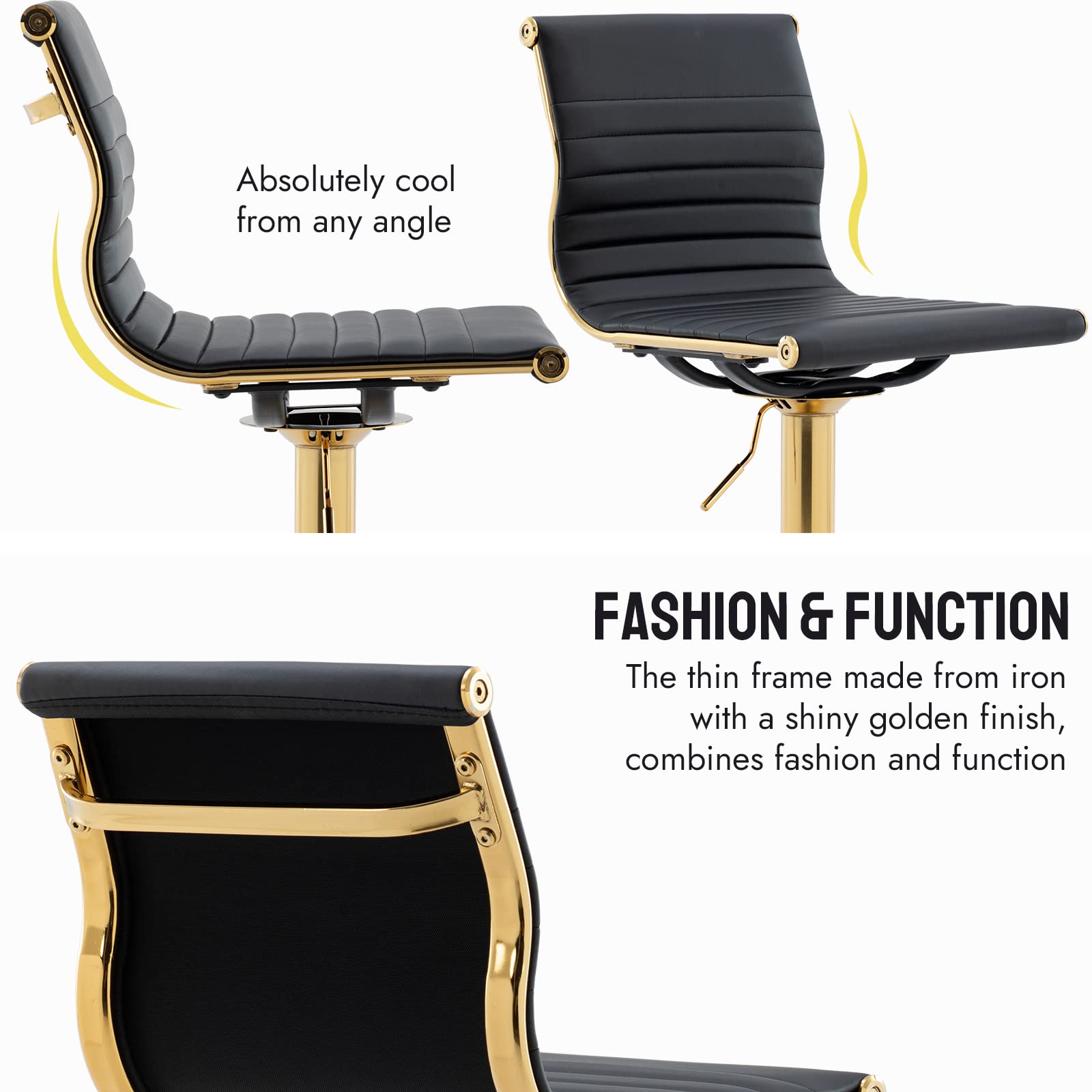 2 Pack Adjustable Metal Bar Stools - Modern Black PU Leather Counter Height Stools with Golden Base for Kitchen Island, Bar & Dining Room | Perfect for Home, Restaurant & Cafe Use