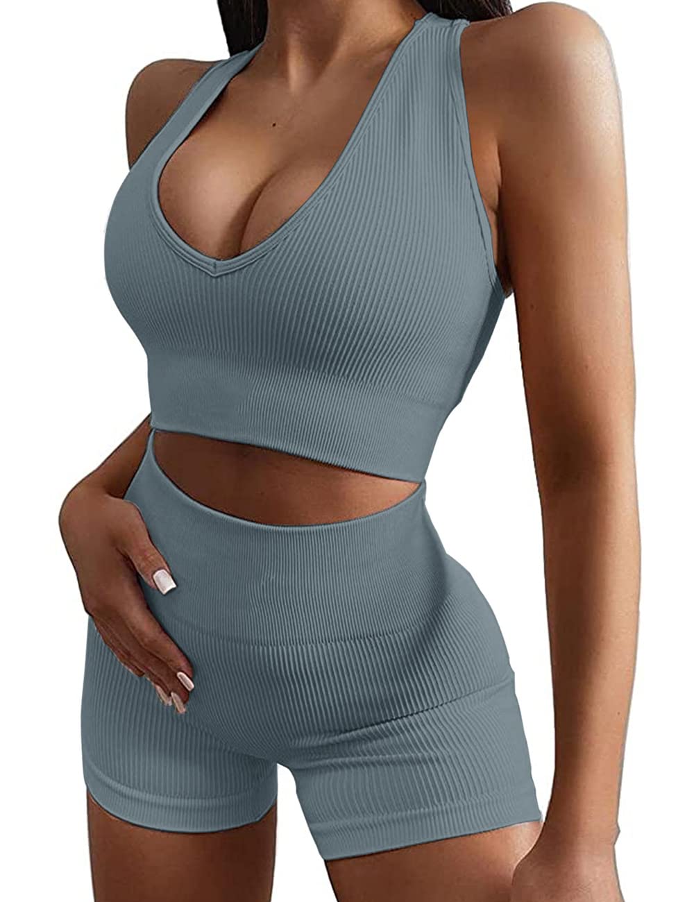 Micoson Women's Seamless Workout Sets - 2 Piece Ribbed Racerback Activewear Outfit for Yoga, Gym & Running | Breathable Comfort Exercise Clothes