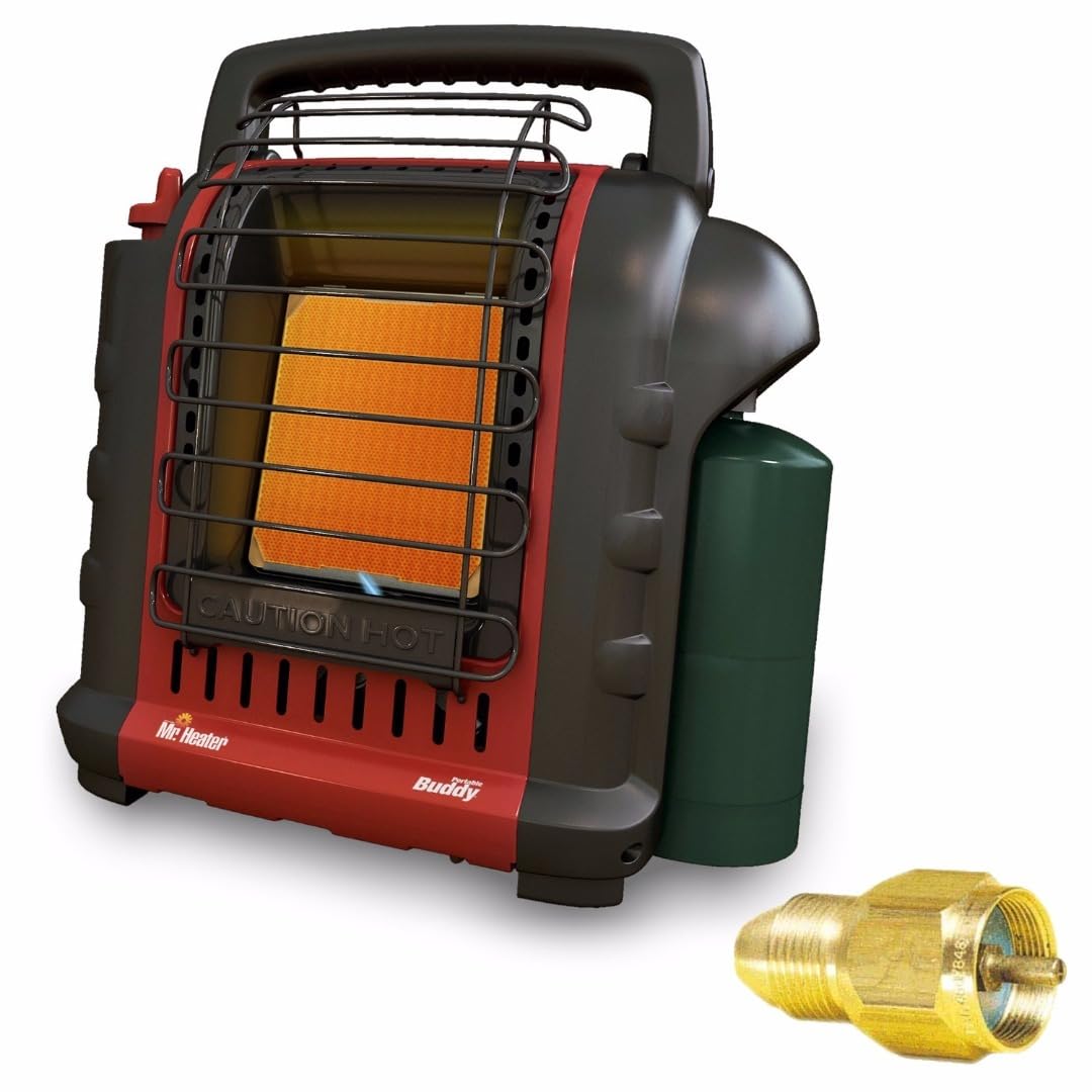 Mr. Heater F232000 Portable Buddy Heater with Brass Tank Refill Adapter - Indoor/Outdoor Propane Heater for Camping, Garage, Tent, and Emergency Use - 2 Item Bundle