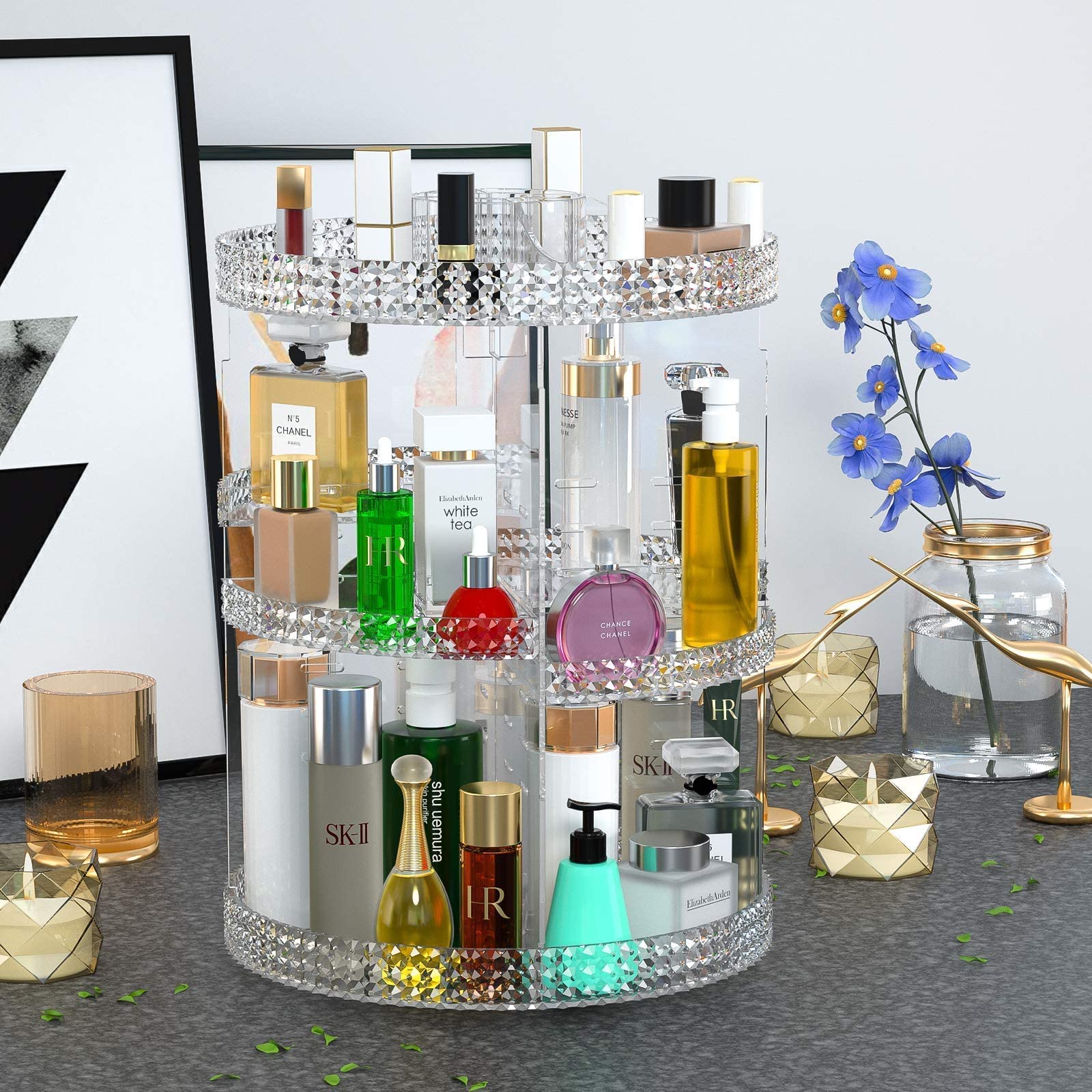 360° Rotating Acrylic Makeup Organizer with Drawer - 2-in-1 Cosmetic Storage Case for Brushes, Perfume & Jewelry Display | Perfect Vanity Organizer & Gift for Women | Home Bathroom Bedroom Beauty Organization