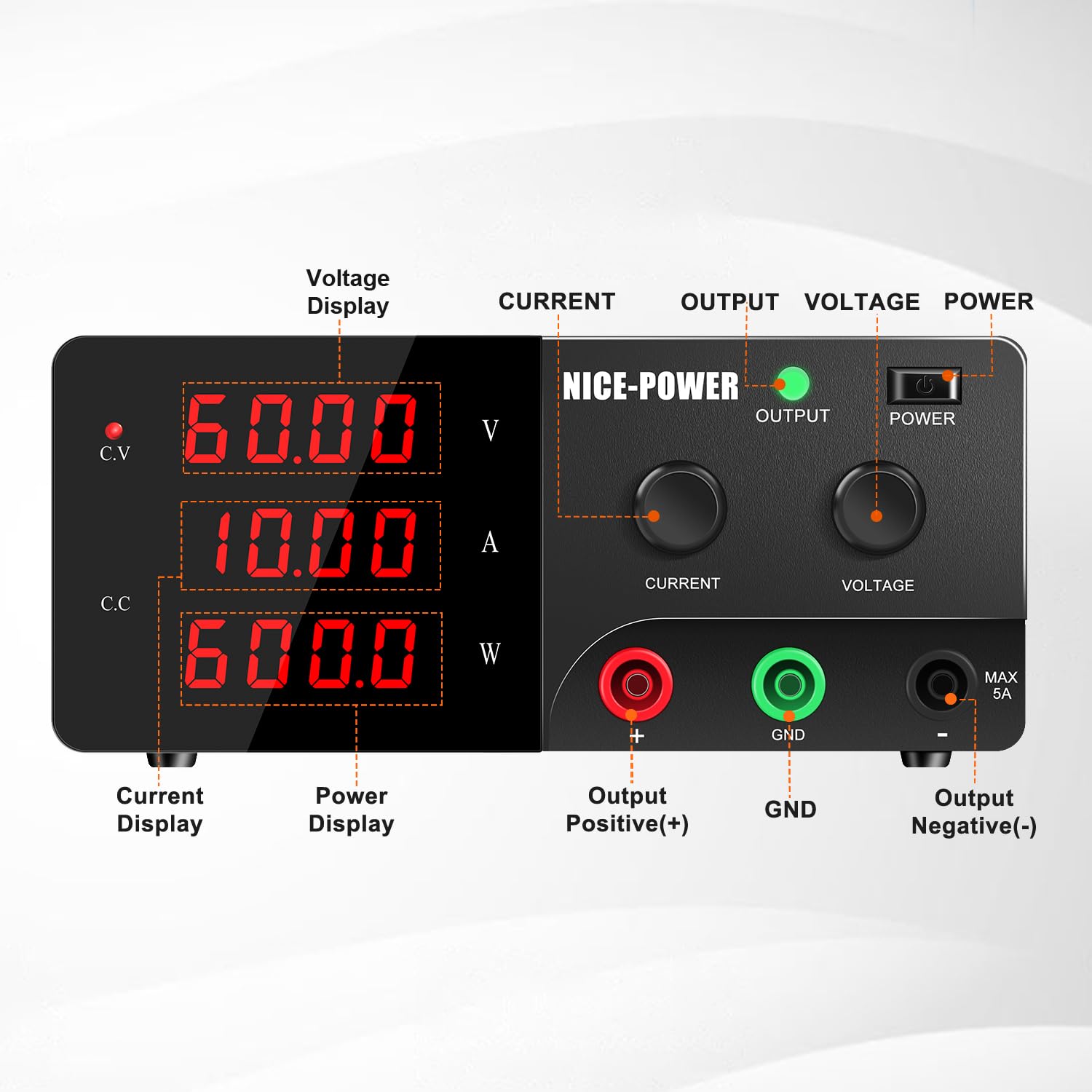 60V 10A 600W Adjustable DC Power Supply - Variable Lab Bench Power Supply with Encoder Knob & Output Switch | Precision Switching Regulated Power Supply for Electronics Repair, Testing & DIY Projects | Ideal for Circuit Debugging, Device Charging & School Labs