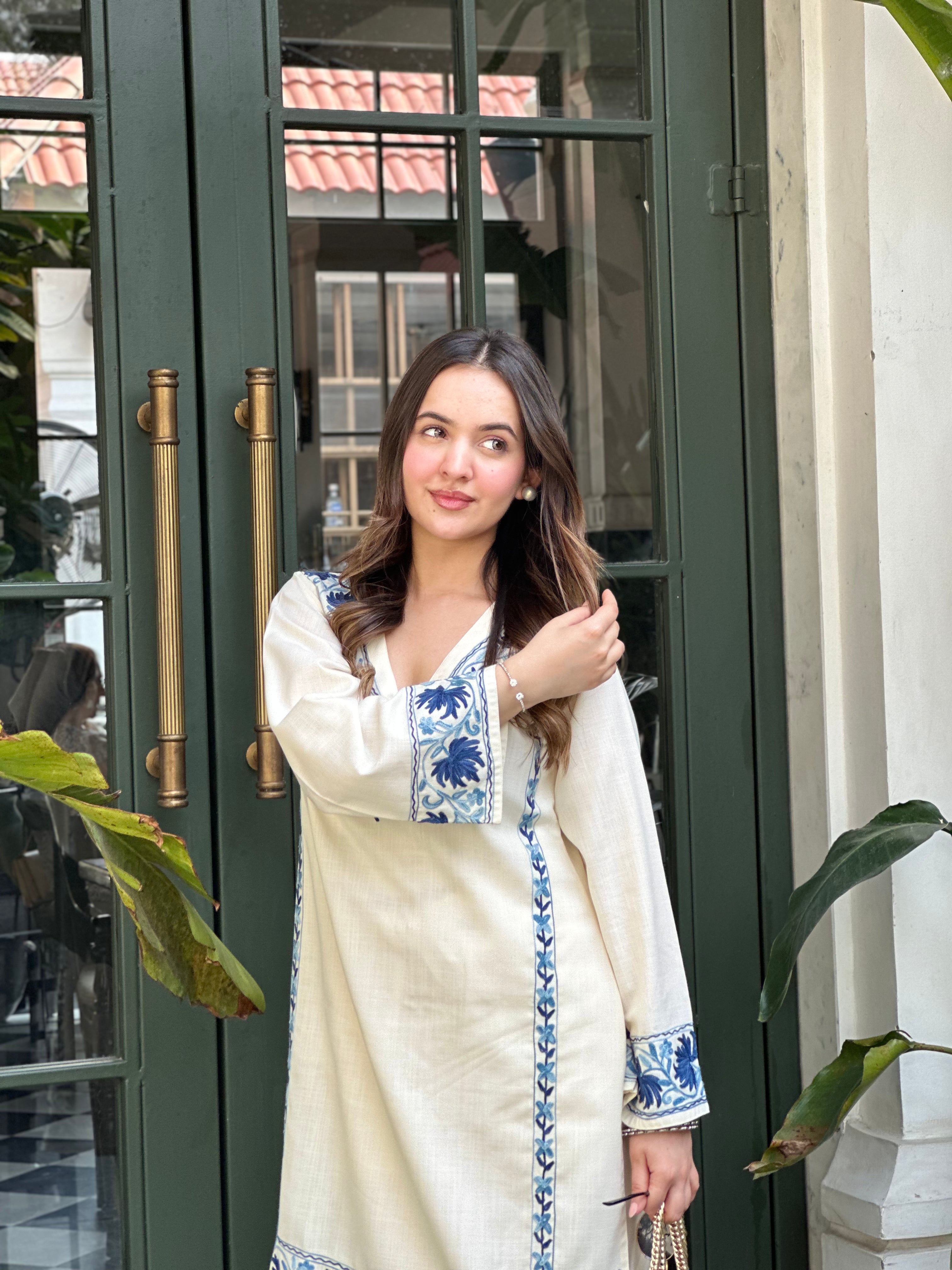 Bhavya Kashmiri Aari Work Cotton Kurta Set - White & Blue Ethnic Embroidered Tunic & Pants | Perfect for Festivals, Weddings & Cultural Events