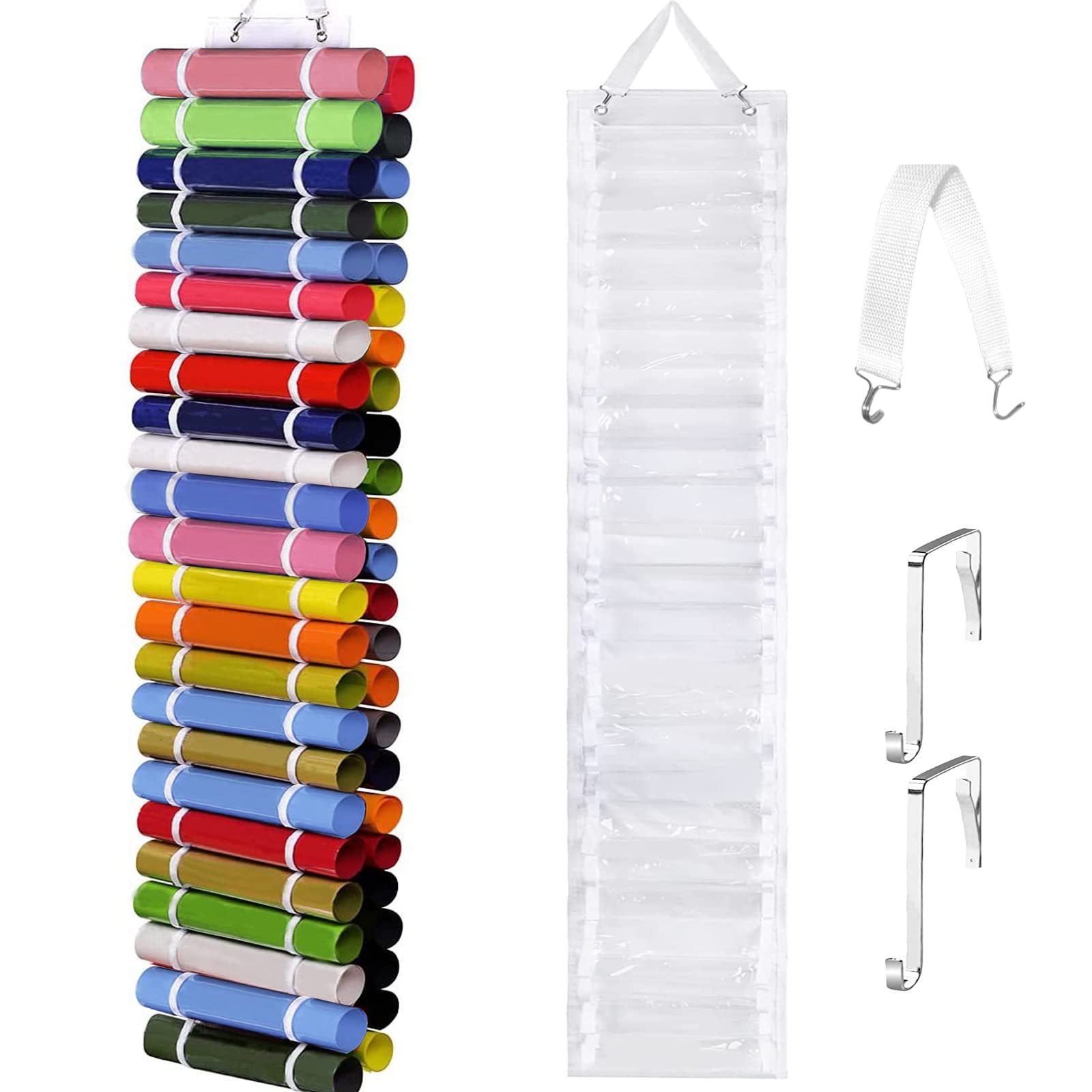 48 Compartment Vinyl Storage Organizer with Door Hooks & Strap - Wall Mount Craft Vinyl Roll Holder for Scrapbooking, Cricut, DIY Projects - Perfect for Craft Room, Closet & Door Organization
