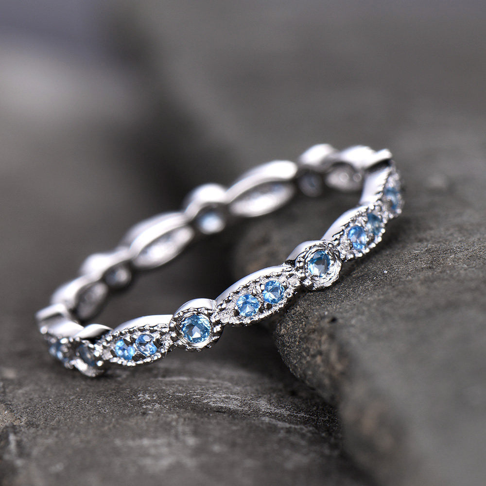 14k/18k White Gold Eternity Topaz Wedding Band with Milgrain Detailing - Perfect for Engagement Rings, Anniversary Gifts & Bridal Jewelry