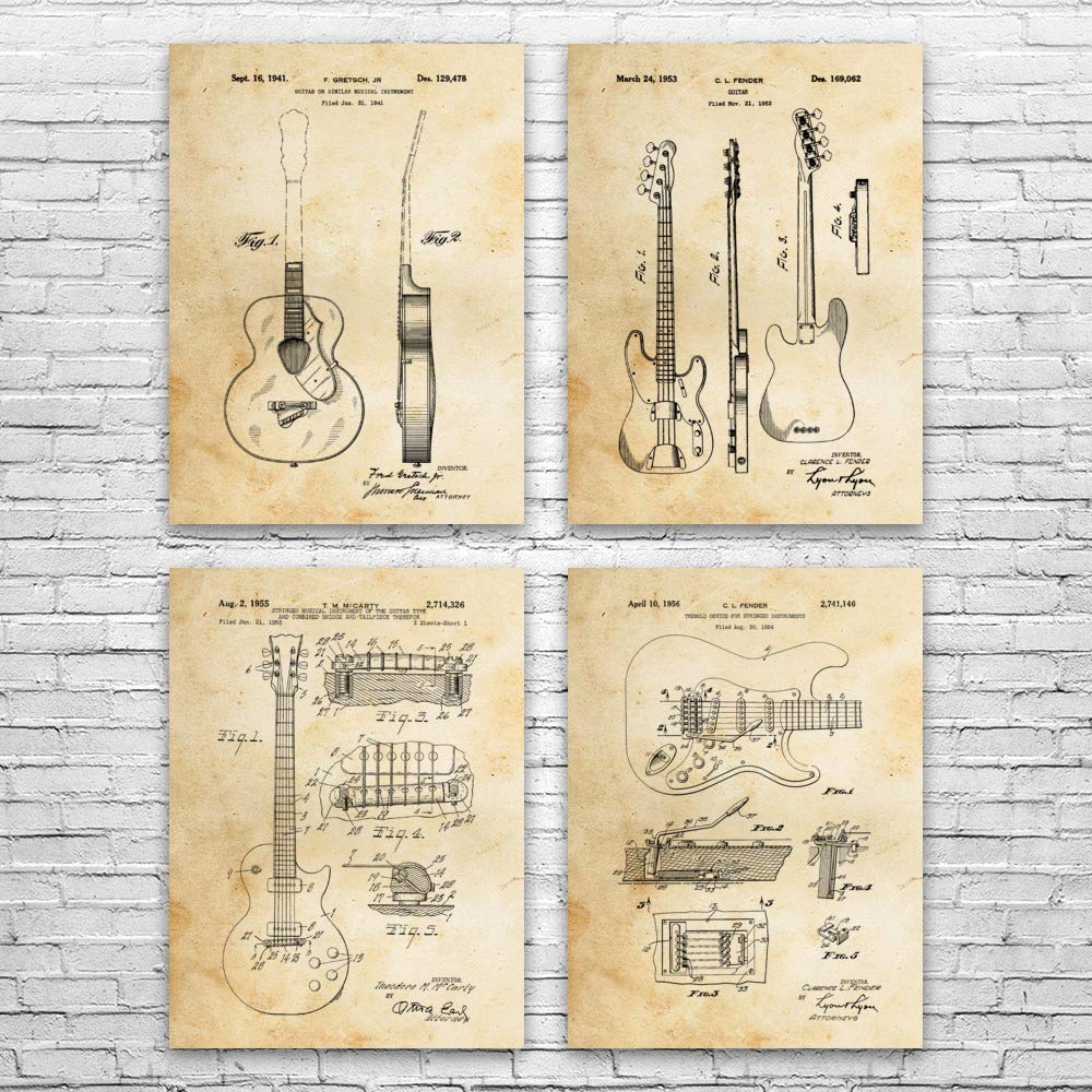 Vintage Guitar Patent Posters Set of 4 - 8x10 Inch Guitar Wall Art Decor, Unique Musician & Guitarist Gift Ideas - Perfect for Music Studios, Bedrooms & Guitar Shops