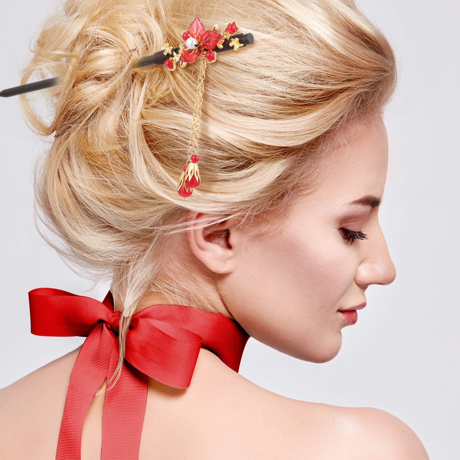 Waydress 4 Pcs Asian Hair Sticks for Women - Chinese Japanese Hair Chopsticks Clips, Retro Geisha Style Red Wooden Cherry Blossom Hairpins with Handmade Flower Tassel - Perfect for Geisha Costume, Traditional Hairstyles & Special Occasions