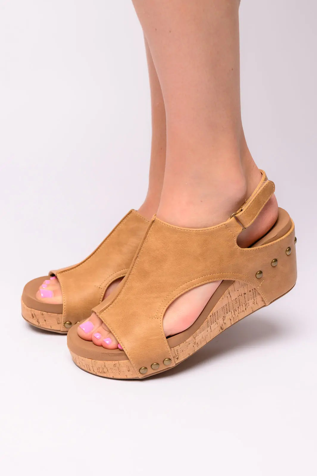 Carley Women's Wedge Sandals in Caramel Smooth - Comfortable Summer Casual Shoes for Beach, Vacation & Everyday Wear