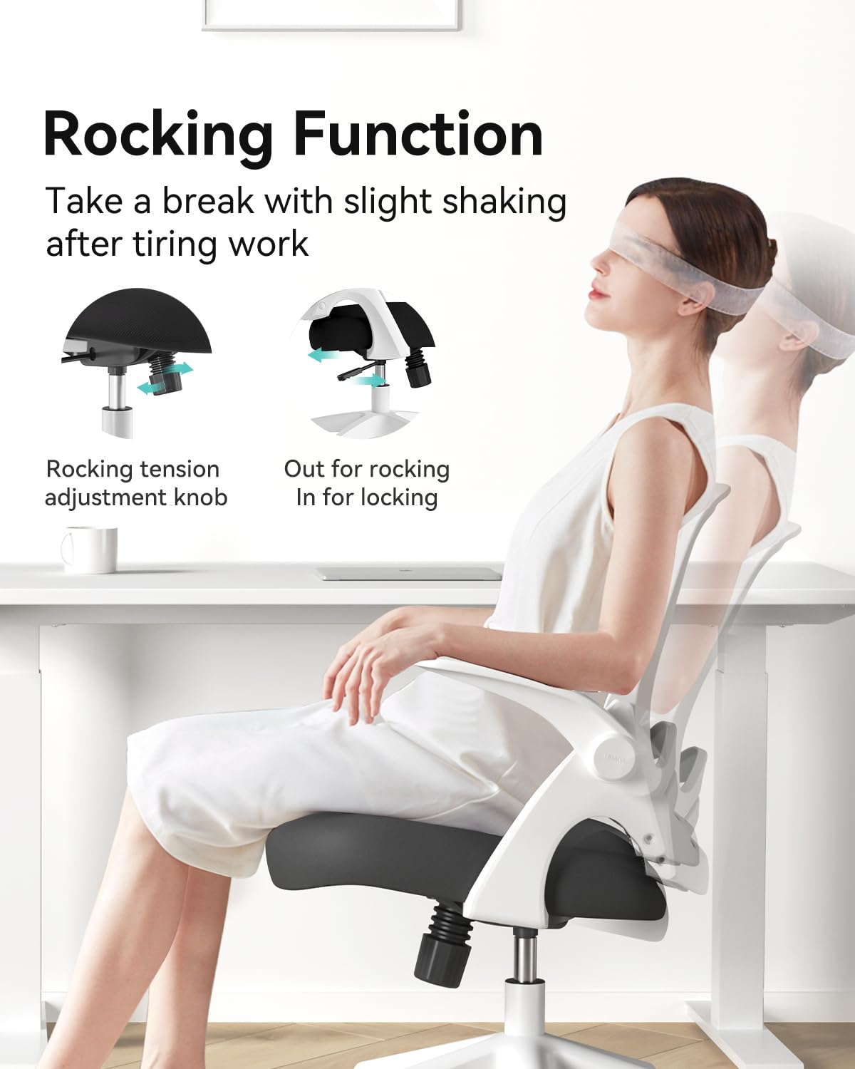 Hbada Ergonomic Office Chair with Flip-Up Armrests & S-Shaped Backrest - Adjustable Swivel Mesh Desk Chair with Saddle Cushion, White - Perfect for Home Office, Gaming & Workspace Comfort