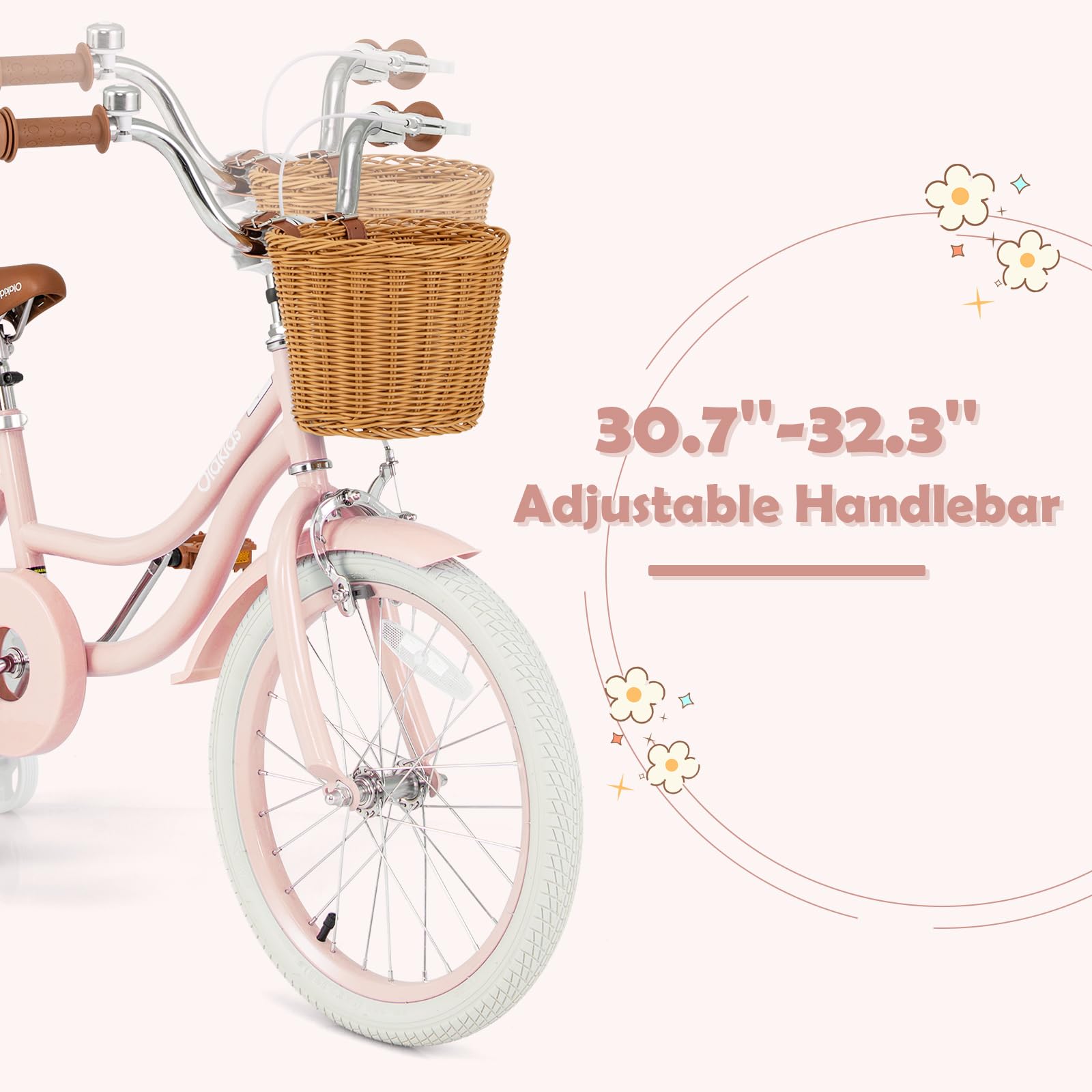 Olakids 14 16 18 Inch Kids Bike with Training Wheels - Adjustable Toddler Bicycle for Boys & Girls Ages 3-8 - Includes Rattan Basket, Safety Bell, Adjustable Seat & Handlebar - Perfect for Neighborhood Rides, Park Adventures & Learning to Cycle