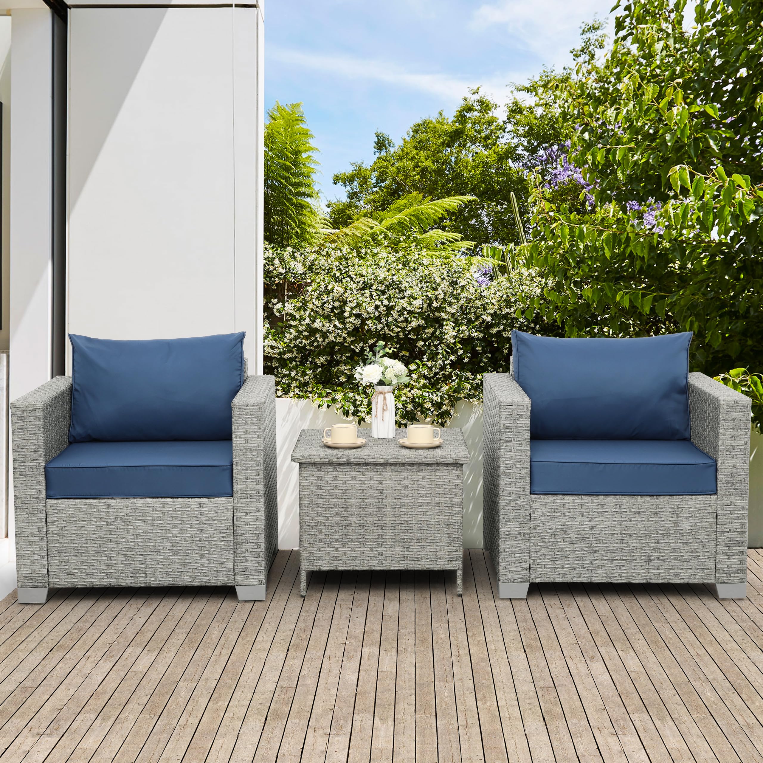 WAROOM 2-Piece Outdoor Wicker Patio Sofa Set - Grey Rattan Deep Seating Armchairs with Blue Cushions, Perfect for Porch, Balcony, Garden & Poolside Relaxation