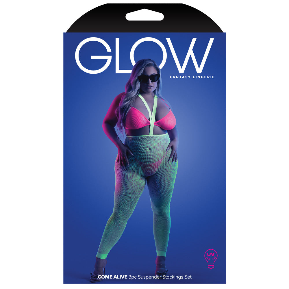 Fantasy Lingerie Glow in The Dark Suspender Stockings Set for Curvy Women - Sexy Nightwear for Romantic Evenings & Boudoir Photography
