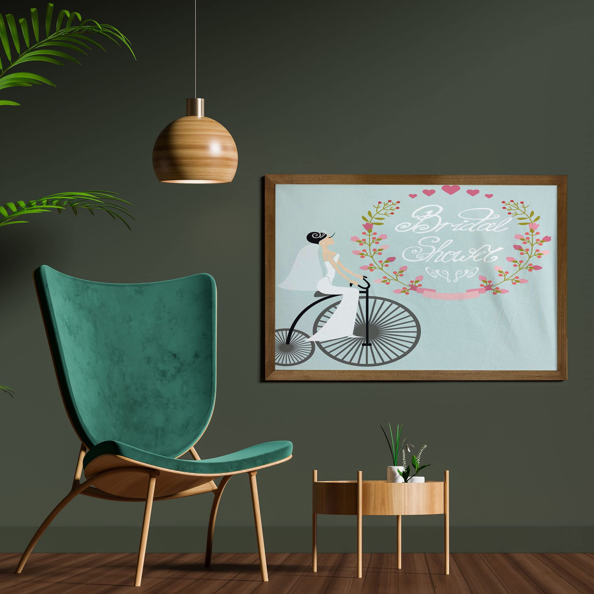 Ambesonne Bridal Shower Wall Art - Bride on Bicycle in Wedding Dress with Flowers, Teak Wood Framed Fabric Decor, 35x23 Inches, Charcoal Grey & Pale Blue - Perfect for Wedding Gifts, Home & Dorm Decor