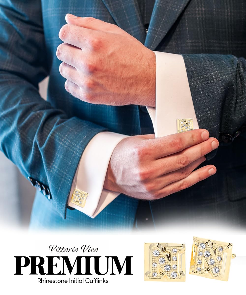 Custom Rhinestone Initial Cufflinks for Men - Personalized A to Z Monogram Dress Accessories - Perfect for Weddings, Prom & Formal Events