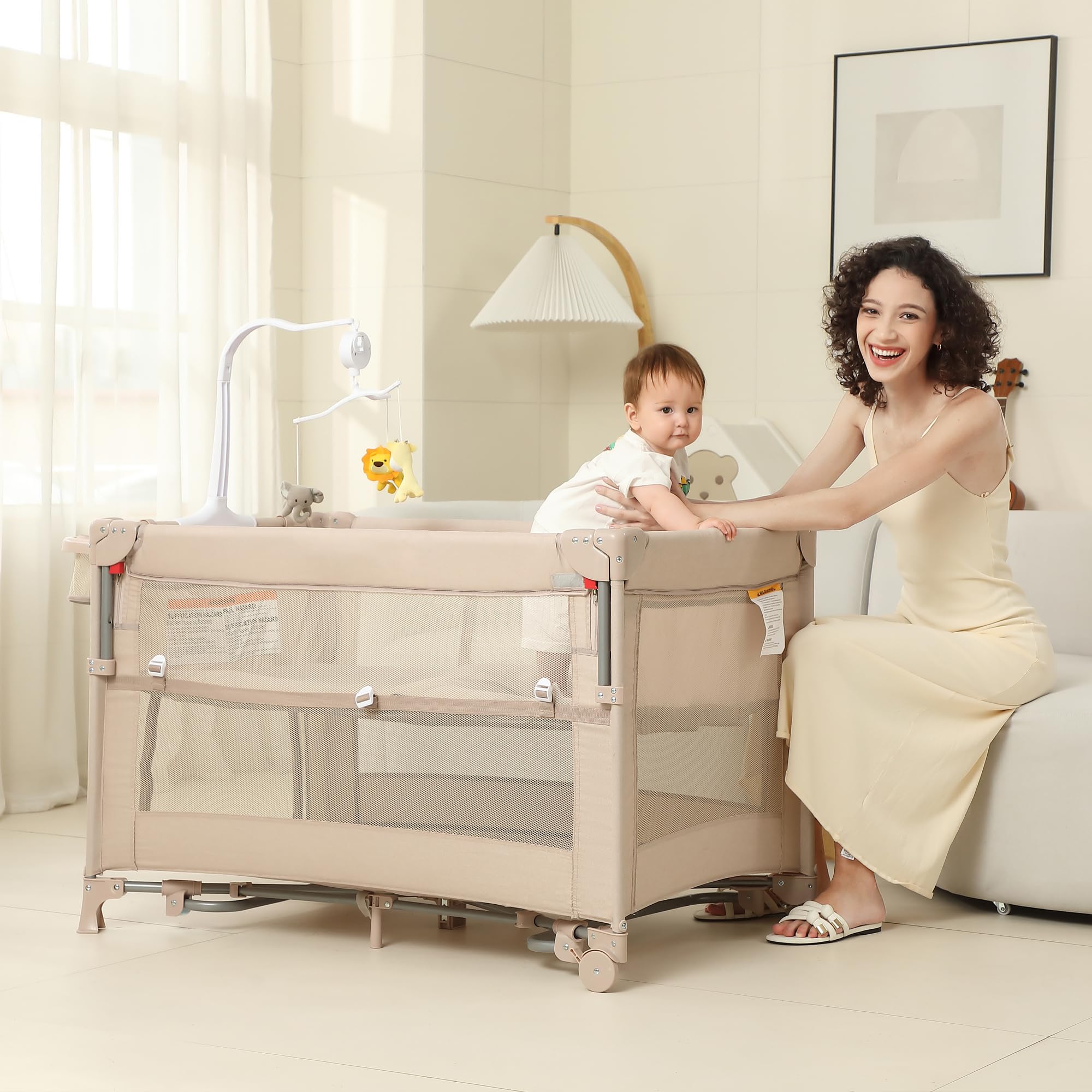 5-in-1 Baby Playard with Bassinet & Changing Table - Portable Foldable Travel Crib for Newborn to Toddler - Bedside Sleeper & Playpen for Nursery, Bedroom & Travel (Beige)