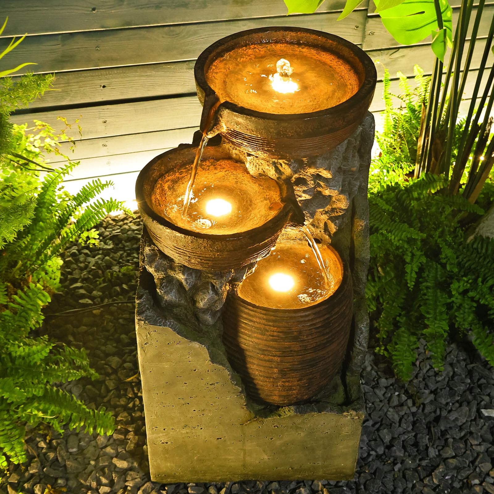 Solar Powered 3-Tier Outdoor Water Fountain with LED Lights - 28 Inch Garden Waterfall Feature for Patio, Yard, Porch, Deck & Pool Decor | Perfect for Relaxation & Zen Atmosphere