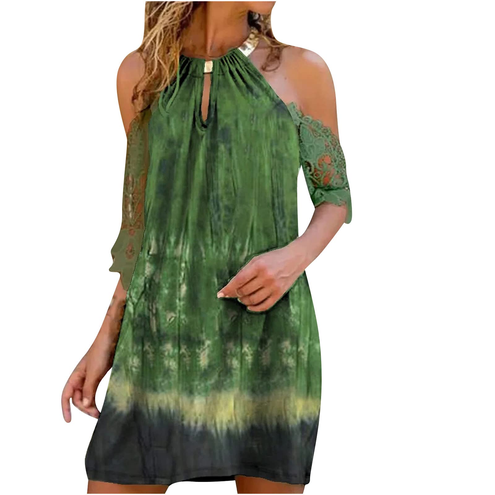 Women's Summer Cold Shoulder Short Sleeve Floral Lace Halter Dress - Casual Loose Midi Dress for Beach, Party & Date Night