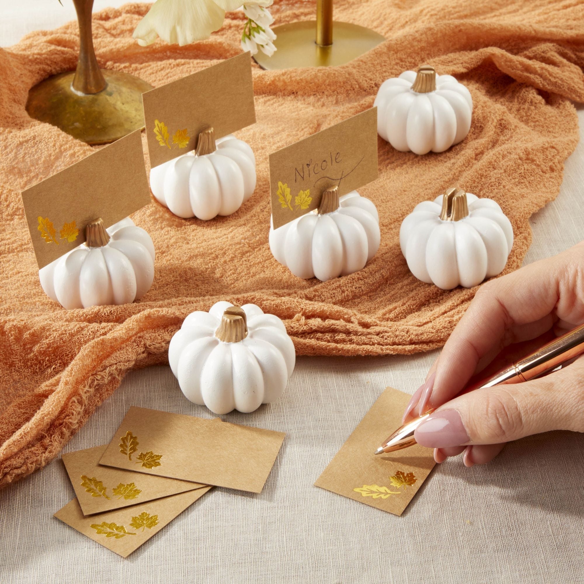 Elegant White Pumpkin Place Card Holders - Set of 6 for Thanksgiving, Fall Wedding, and Autumn Table Decorations