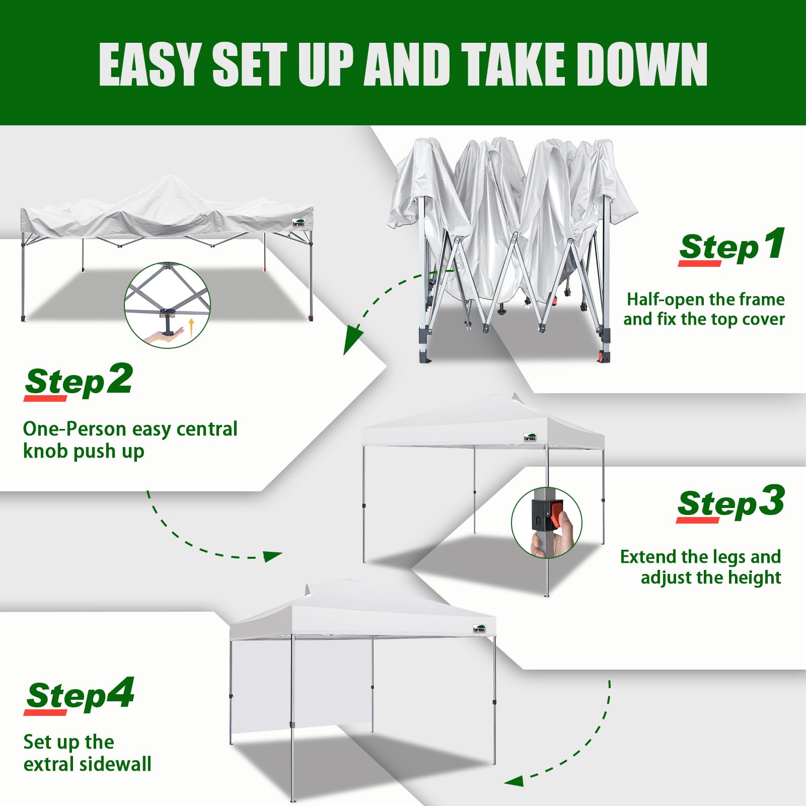 Eurmax USA 10x10ft Pop Up Canopy Tent - One-Person Setup Portable Shelter with Removable Sidewall & 4 Sand Bags - Instant Sunshade for Outdoor Events, Beach, Camping, Backyard Parties (White)