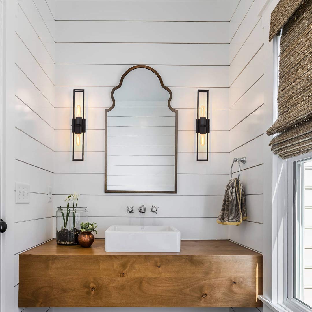 Black Metal Frame Wall Sconce with 2 Bulbs - Square Symmetrical Rectangular Vanity Light for Bathroom, Gallery, Entryway & Salon - Perfect for Modern Home Decor and Ambient Lighting