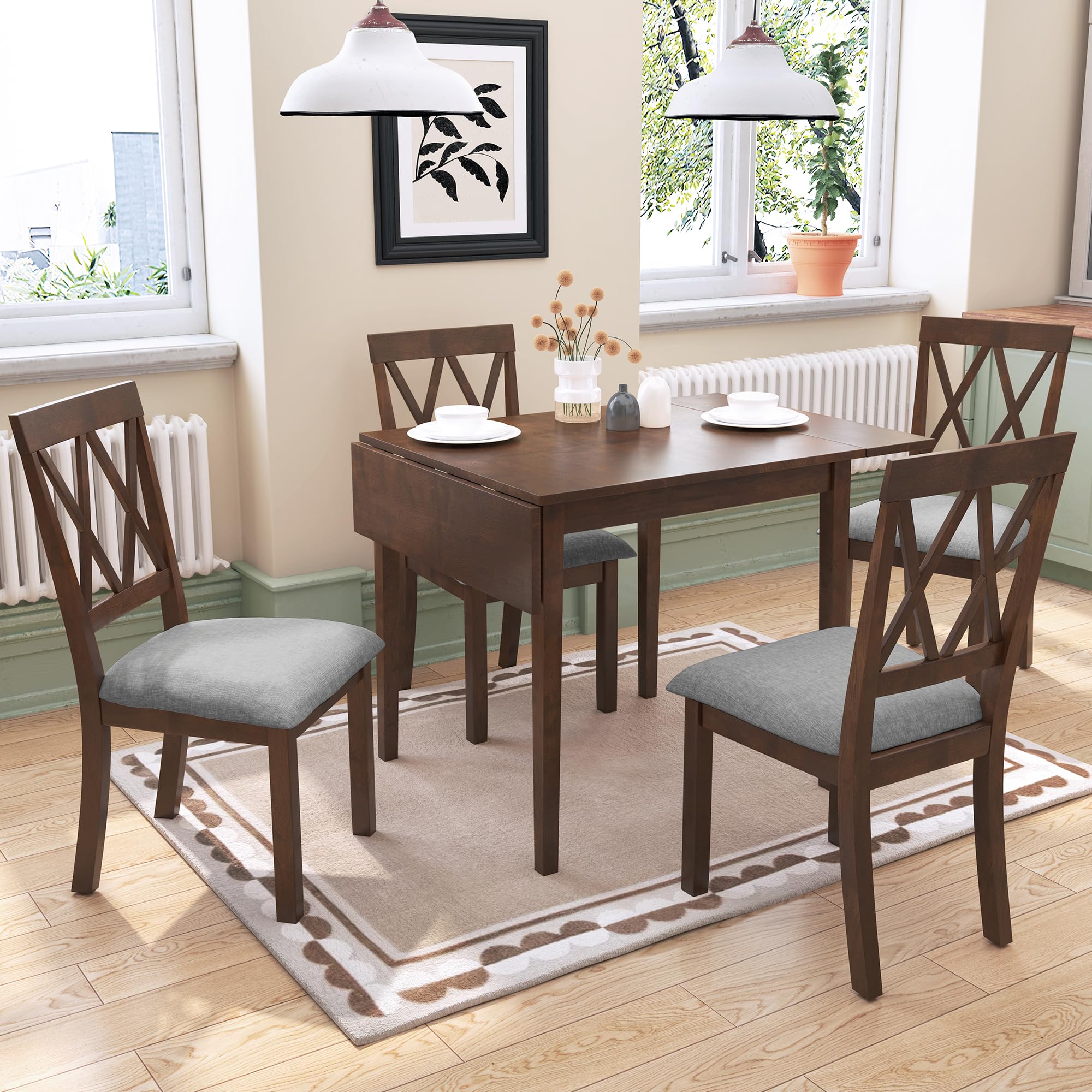 P PURLOVE 5-Piece Stackable Bistro Dining Set for 4 - Wood Drop Leaf Table & 4 Chairs - Space Saving Kitchen & Small Apartment Furniture for Breakfast Nook, Balcony, or Outdoor Cafe Style Dining