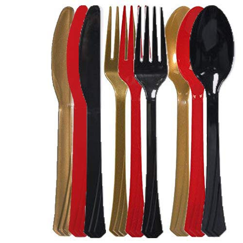 Tiger Chef 72-Piece Heavy Duty Plastic Cutlery Set - 24 Forks, 24 Spoons, 24 Knives in Red, Gold & Black | Durable Disposable Silverware for Parties, Picnics, BBQs & Catering Events