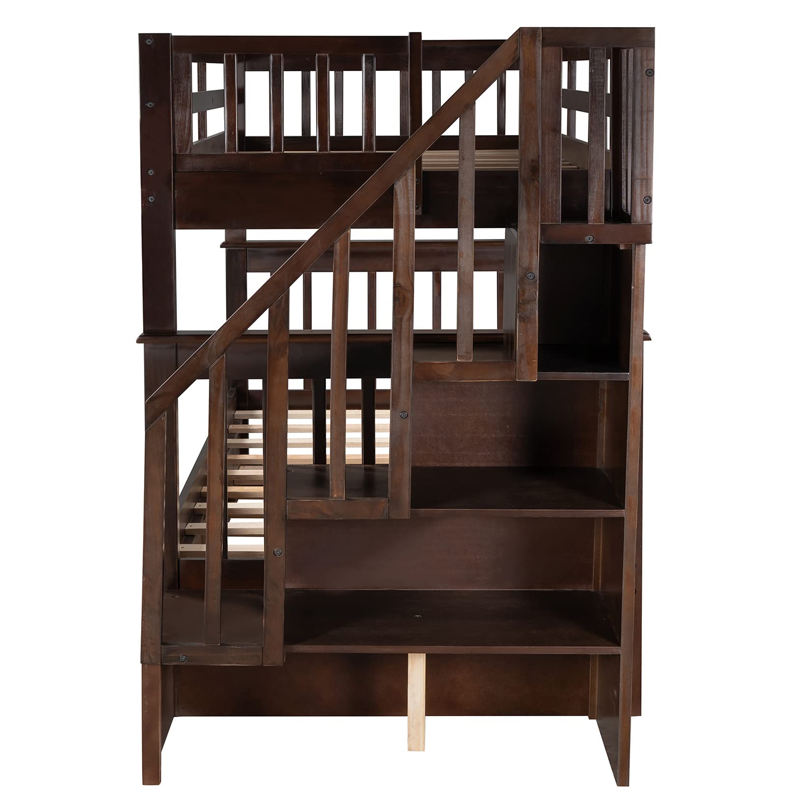 Twin Over Twin Bunk Bed with Storage Shelves - Wooden Stairway Bunk Bed for Kids, Teens, Boys & Girls - Convertible to 2 Separate Beds - Espresso Finish - Perfect for Small Bedrooms, Shared Kids Rooms & Space-Saving Solutions