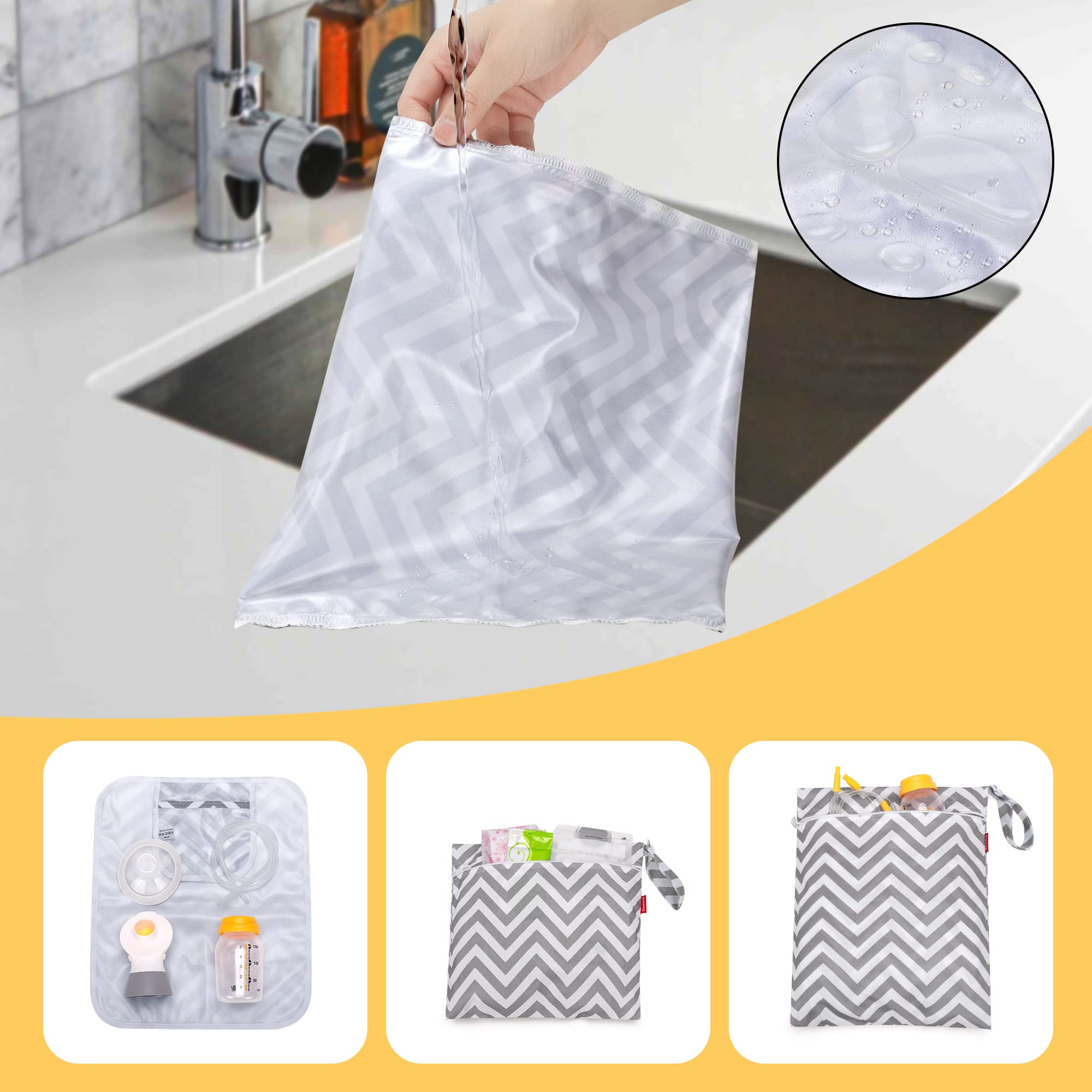 Damero Breast Pump Parts Bag - 2 Pack Waterproof Wet Bags for Breast Pump Accessories Storage with Non-Slip Mat, Gray Chevron Pattern | Perfect for Travel, Work & Hospital Use