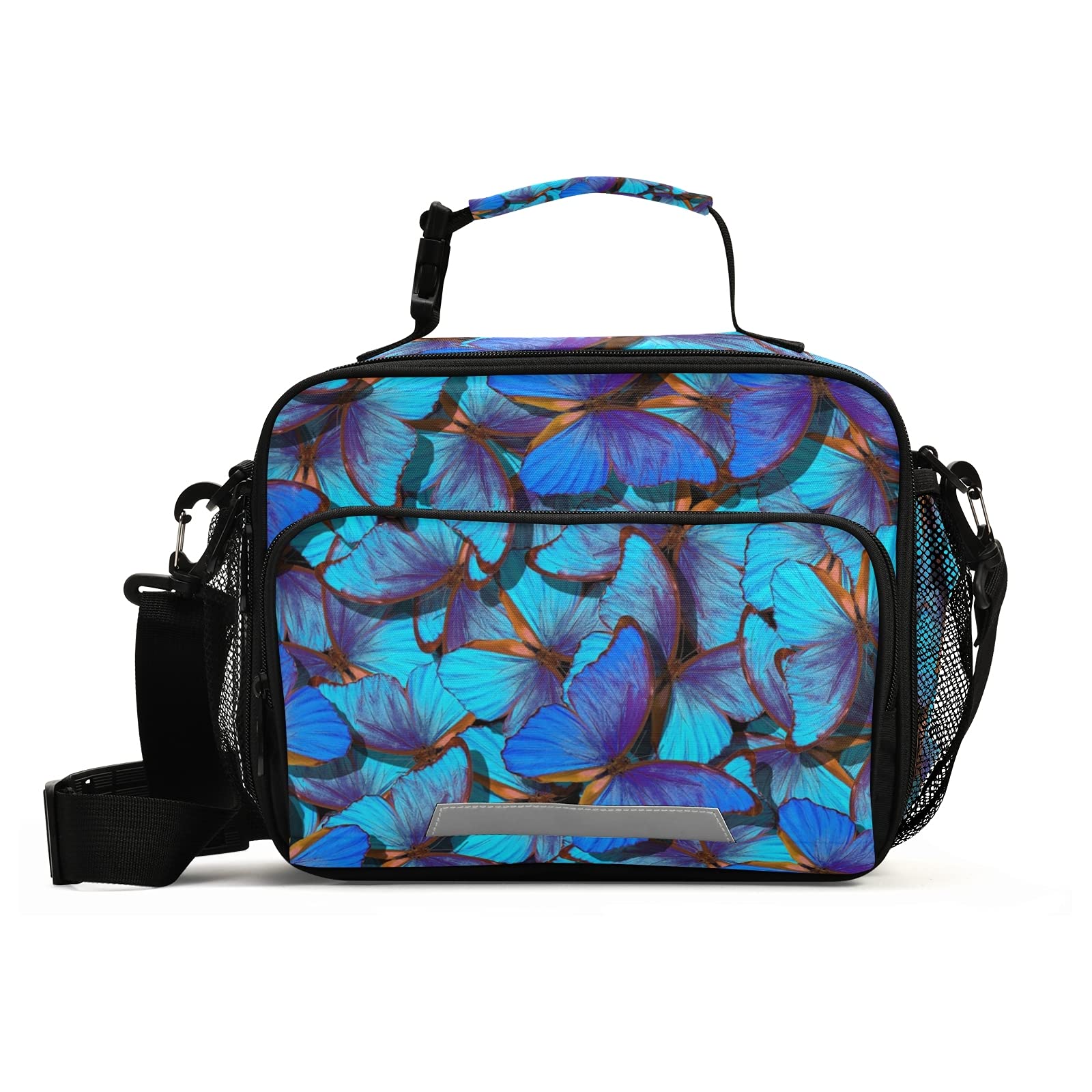 Insulated Lunch Bag with Detachable Shoulder Strap - Blue Butterfly Design, Bento Box for Office, School, Picnic & Beach - Leakproof & Eco-Friendly Food Container for Adults & Kids