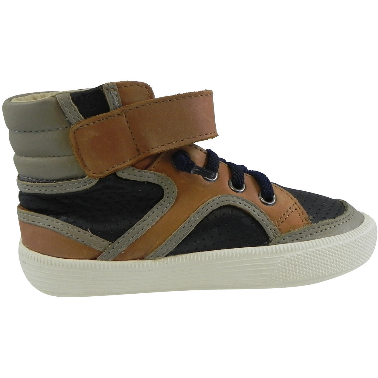 Old Soles 1027 Boys' High-Top Leather Sneakers - Tan, Navy & Grey Lace-Up Shoes for Kids | Durable & Stylish for School, Play & Everyday Wear