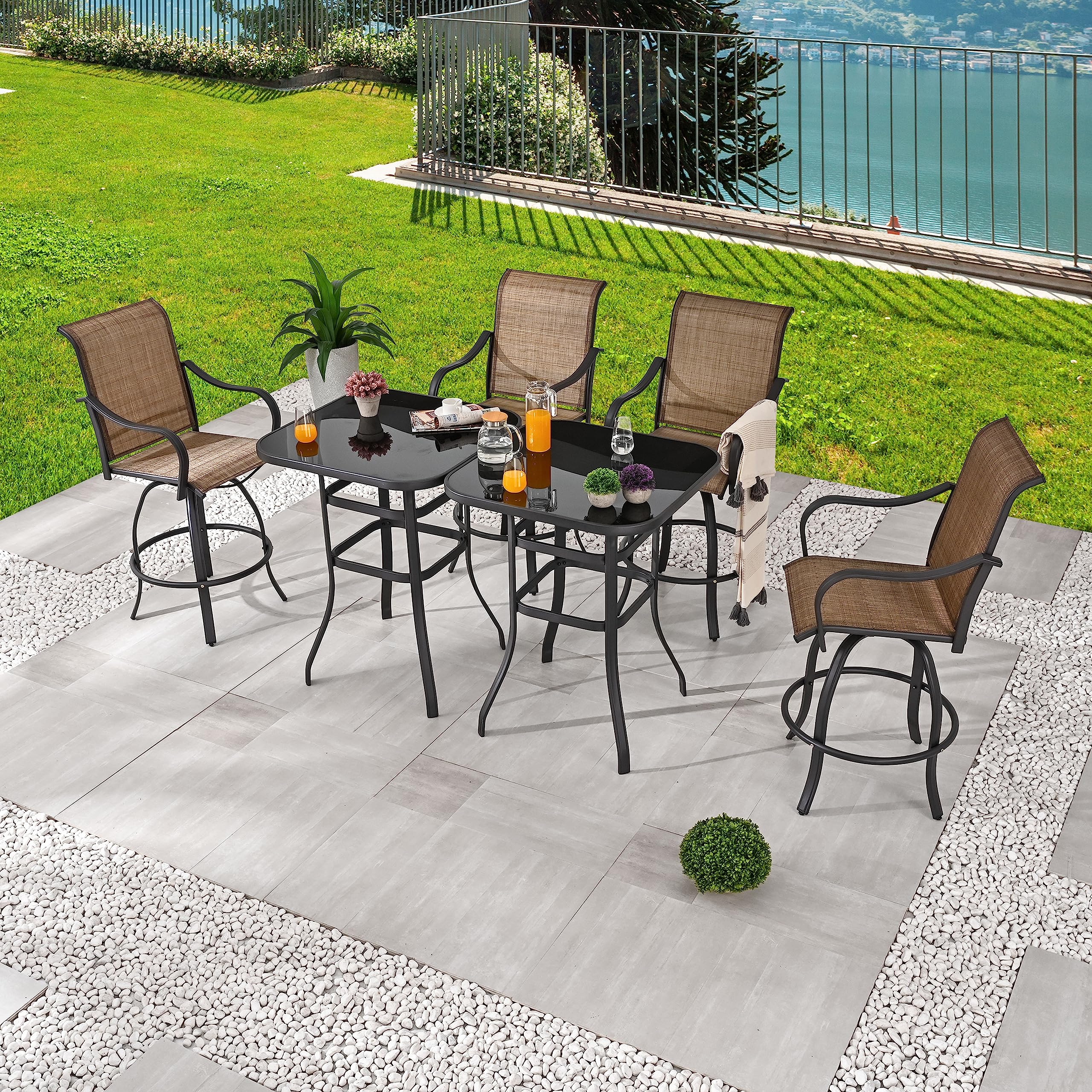 6-Piece Outdoor Patio Swivel Bar Stool Set with 2 Glass Top Tables - All-Weather Bistro Height Dining Chairs for Backyard, Deck, Poolside & Garden (Brown) - Perfect for Outdoor Entertaining & Relaxation