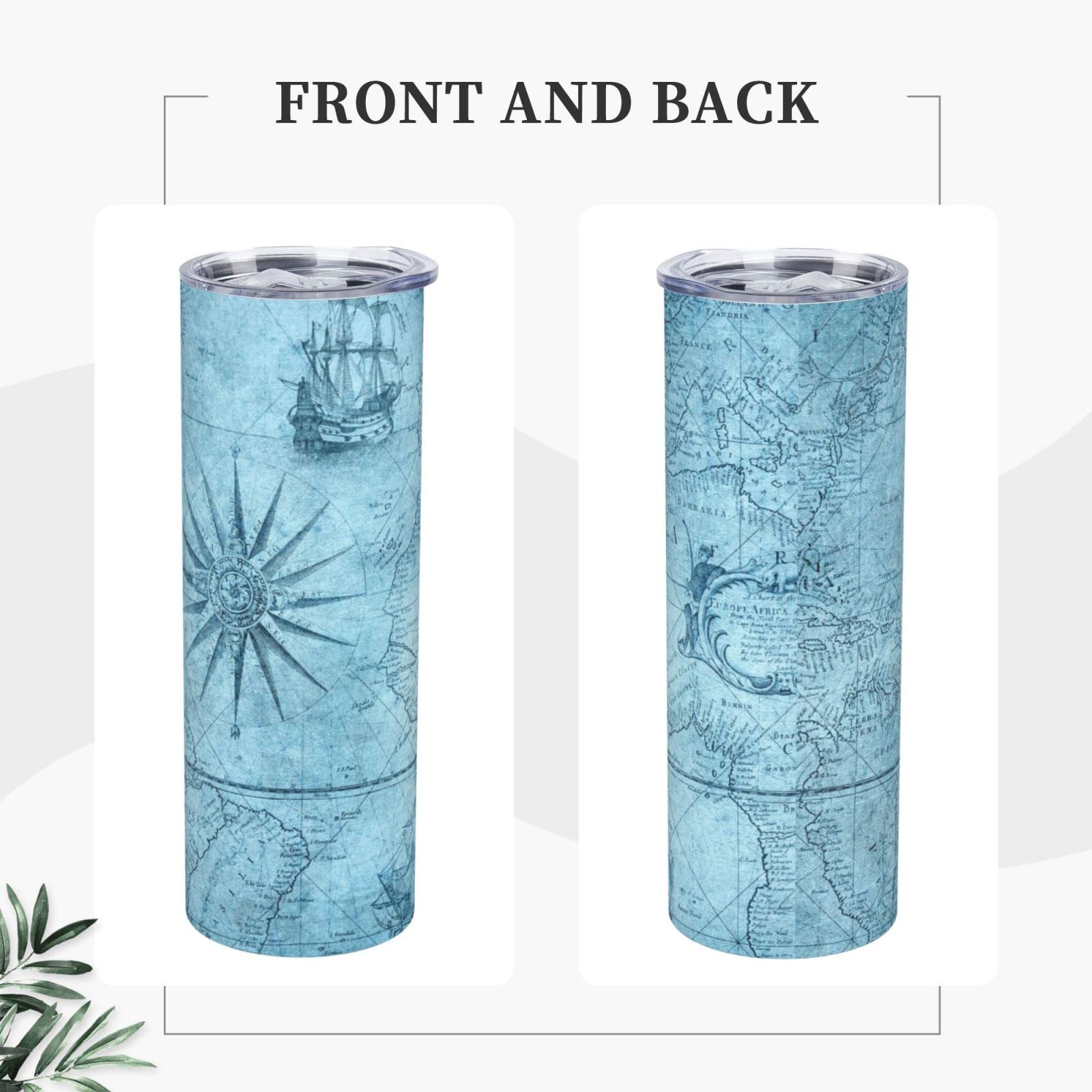 Vintage Nautical Map Compass Stainless Steel Tumbler - 20 oz Insulated Double Wall Travel Coffee Mug with Splash Proof Lid, Straw & Cleaning Brush - Perfect for Home, Office & Outdoor Adventures