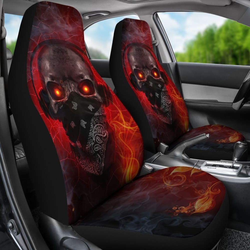 Gothic Skull Car Seat Covers with Red Fire Music Headphones - Punk Rock Style Auto Accessories for Music Lovers & Car Enthusiasts - Perfect for Road Trips, Concerts, and Gothic-Themed Vehicles