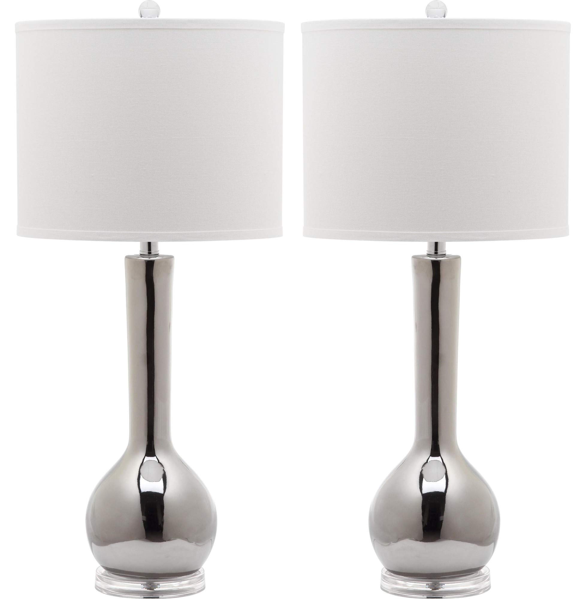 SAFAVIEH Lighting Collection Mae Long Neck Modern Contemporary Silver Ceramic 31-inch Table Lamp Set of 2 with LED Bulbs - Perfect for Bedroom, Living Room, Home Office & Nightstand Lighting
