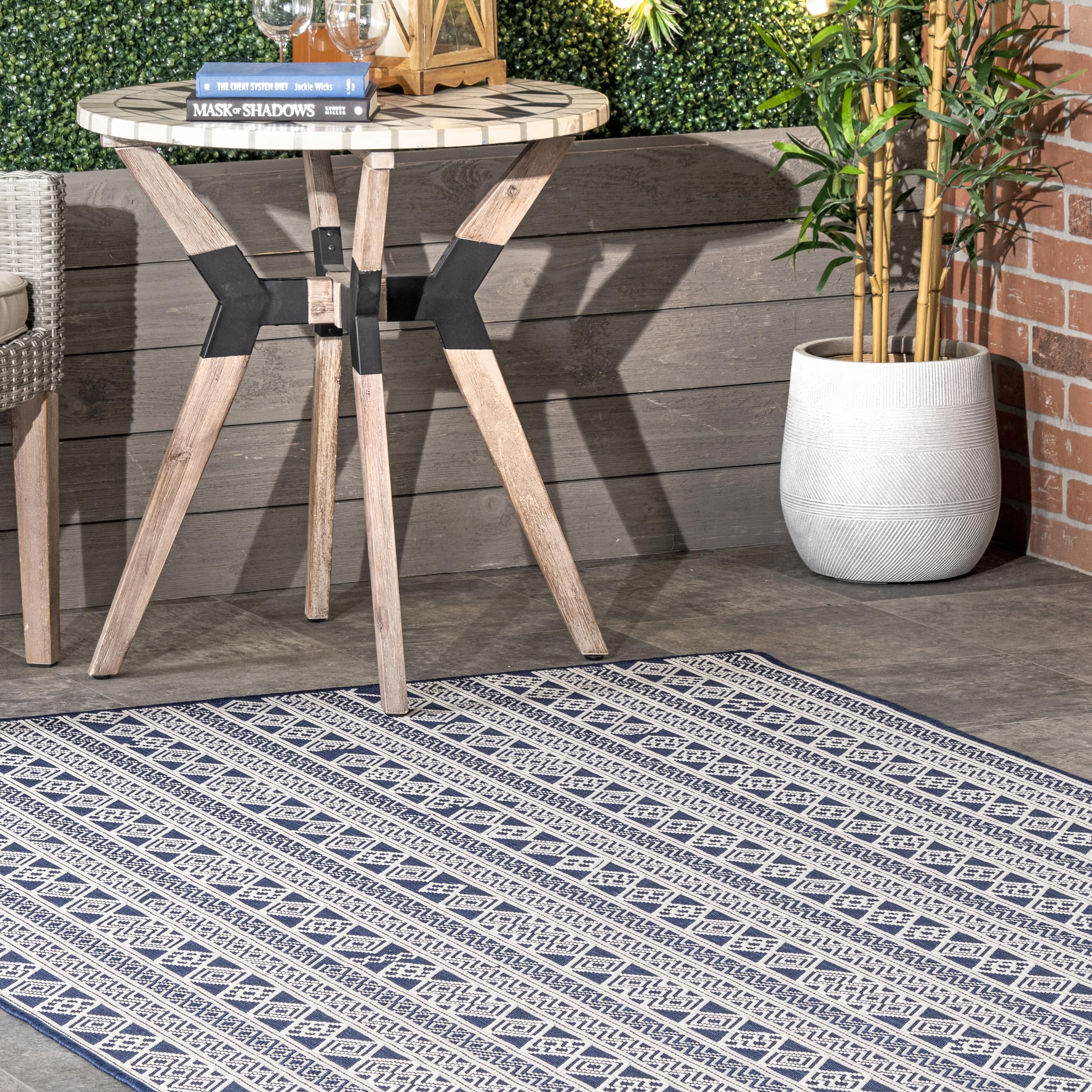 nuLOOM 7' x 9' Outdoor Performance Area Rug - Stain & Weather Resistant, High Traffic Patio & Balcony Rug - Perfect for Devon Navy Outdoor Spaces, Backyard Decor & Poolside Lounging