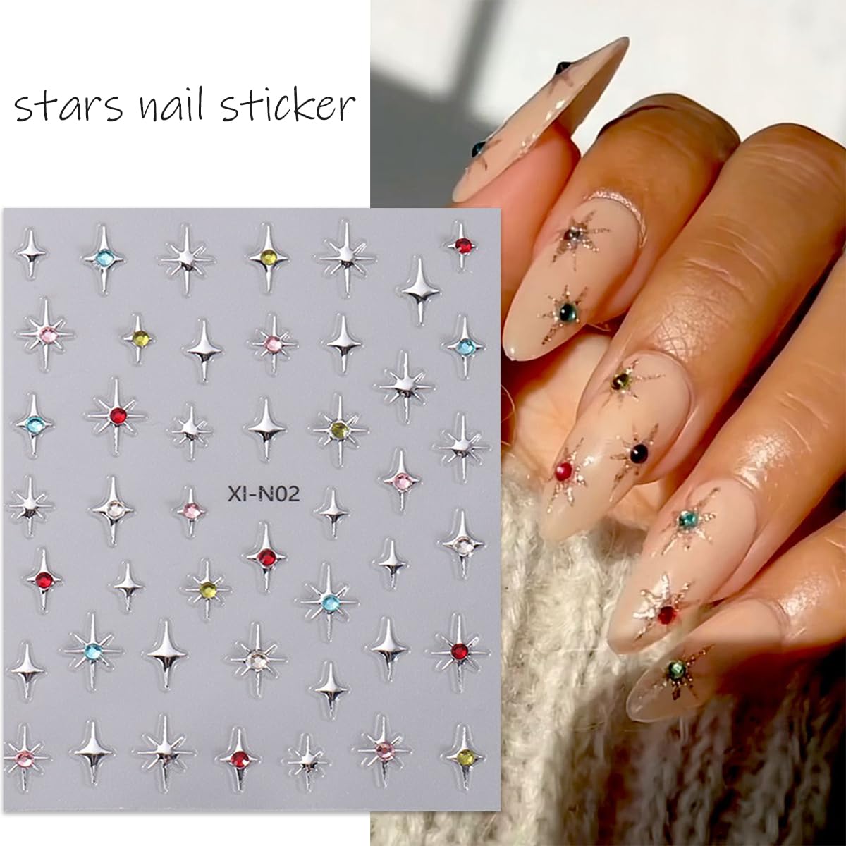3D Glitter Star Nail Stickers - Self-Adhesive Nail Art Decals with Rhinestones (6Pcs, Gold/Silver/Black/White) | Perfect for Manicure, Nail Design & DIY Nail Art | Great for Parties, Weddings & Special Occasions