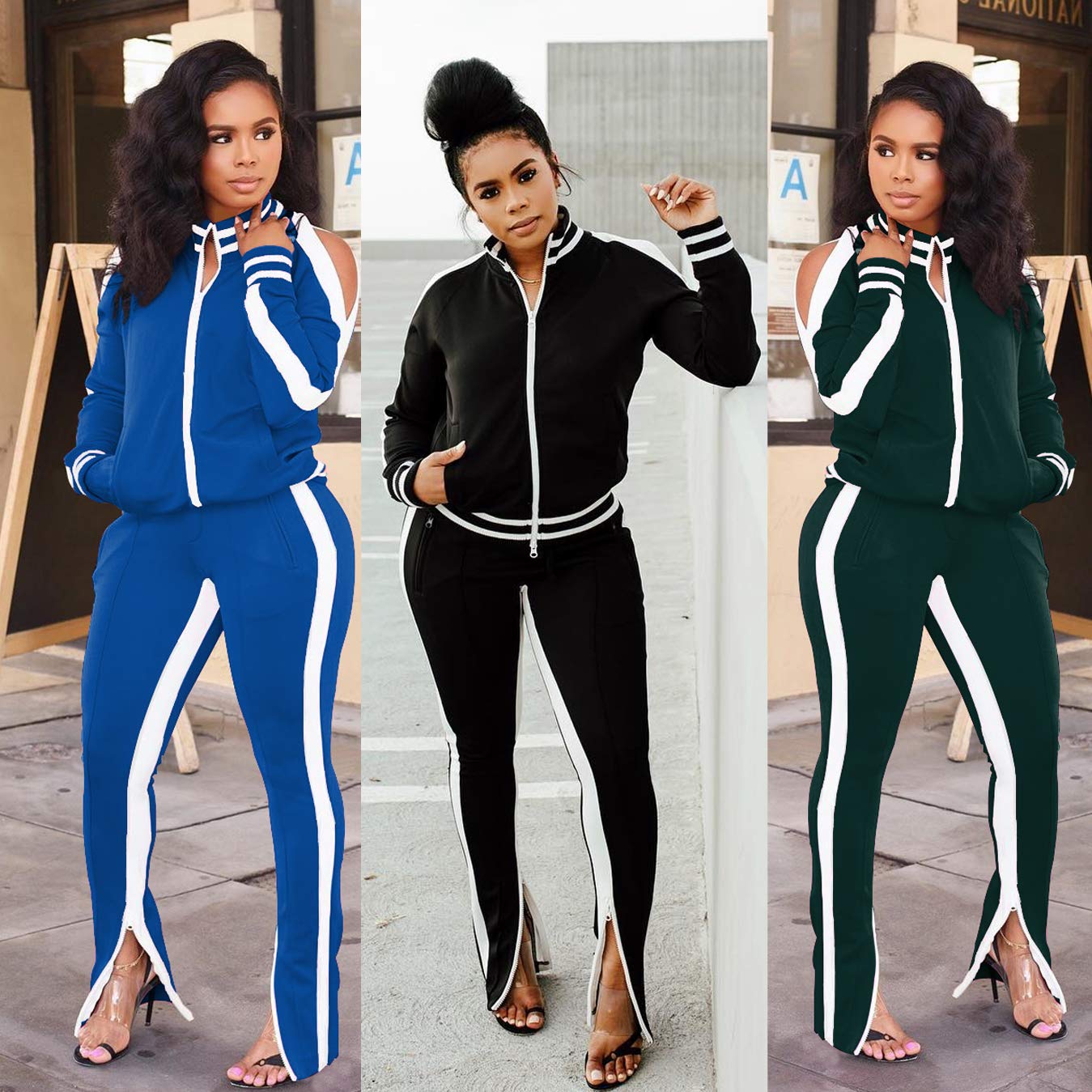 Lucuna Women's Jogging Suit Set - Cold Shoulder Zipper Jacket & Sweatpants 2-Piece Tracksuit | Comfortable Workout Outfit for Running, Yoga & Lounge Wear