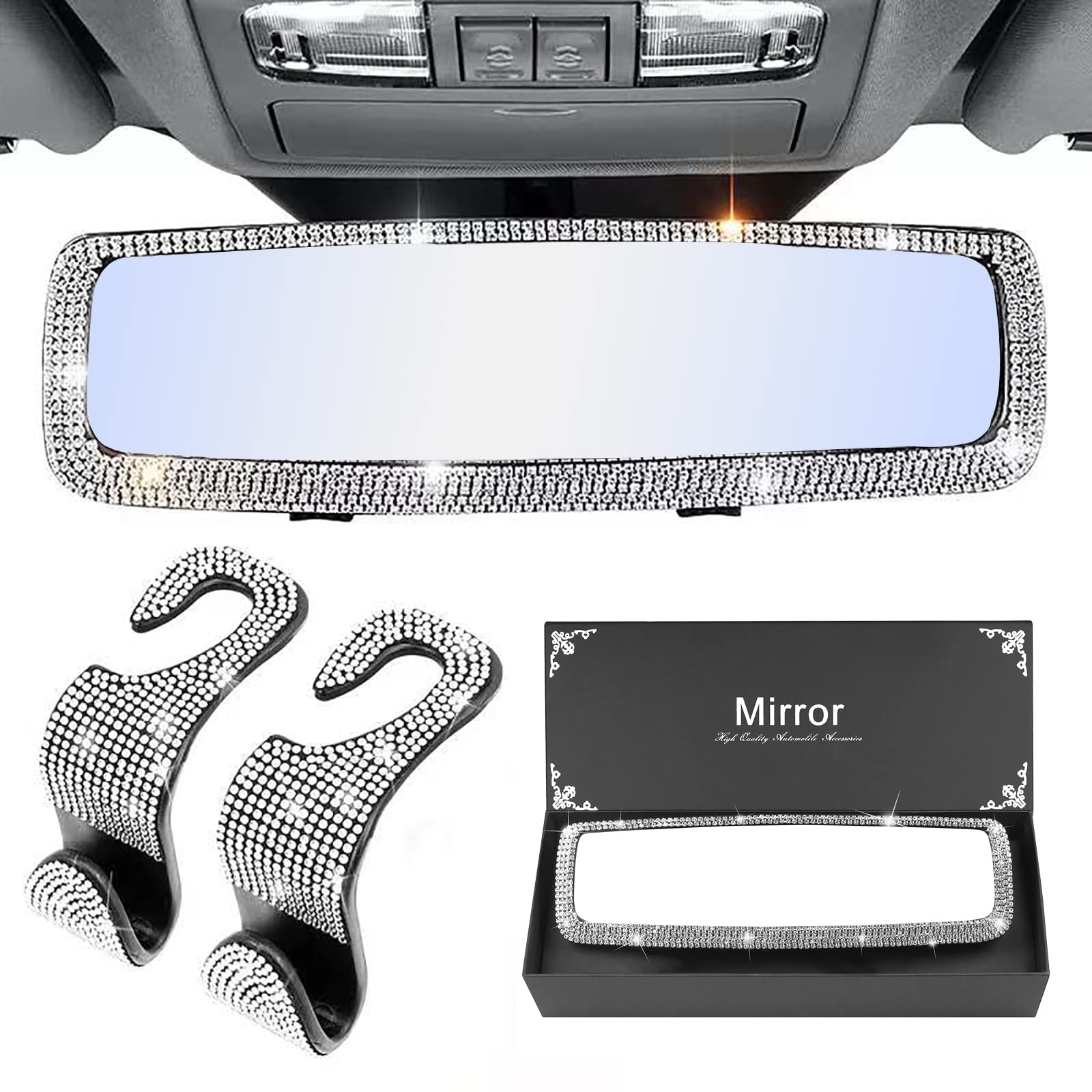 Sparkling Rear View Mirror Cover with 2 Diamond Car Seat Hooks - Universal Bling Mirror Accessories for Women & Girls | Perfect for Car Decor, Gift Giving, and Personalizing Your Vehicle