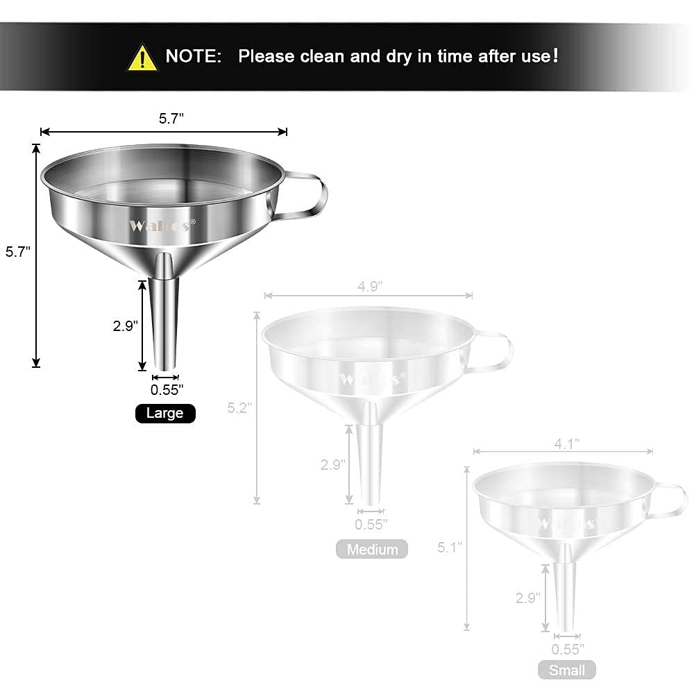 Walfos Large Stainless Steel Kitchen Funnel with 2 Removable Strainers & Cleaning Brush - 5.7