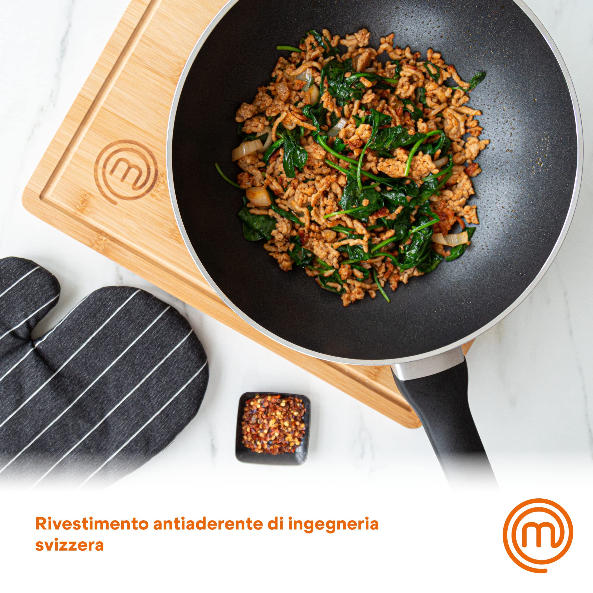 Nonstick MasterChef 28cm Wok Pan - Aluminum Stir Fry Pan for Induction & All Stovetops - Chinese Wok with Scratch-Resistant Coating, Dishwasher Safe - Perfect for Stir-Frying, Sautéing & Asian Cooking