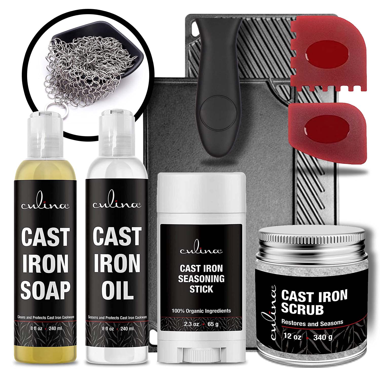 **Cast Iron Seasoning Stick with Soap Oil Conditioner – All Natural Restoring Scrub & Stainless Steel Scrubber Handle | Scraper Included for Cast Iron Cookware Care | Perfect for Grill Pans, Skillets & Dutch Ovens**