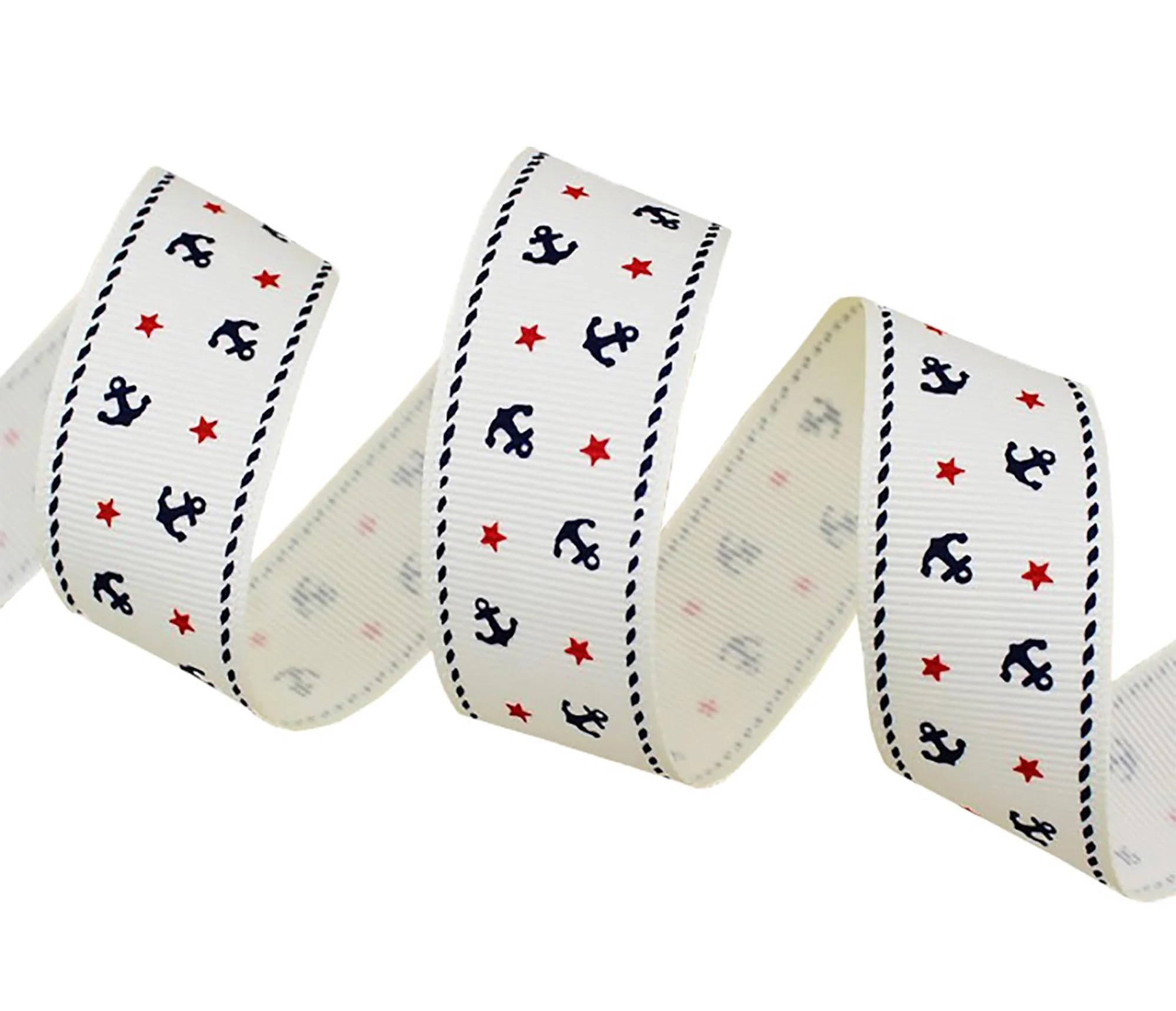Navy Blue 7/8 Inch Nautical Anchor & Red Star Printed White Grosgrain Ribbon - 3 Yards for DIY Hair Bows, Crafting, and Gift Wrapping - Perfect for Sailor-Themed Parties, Baby Showers & Scrapbooking