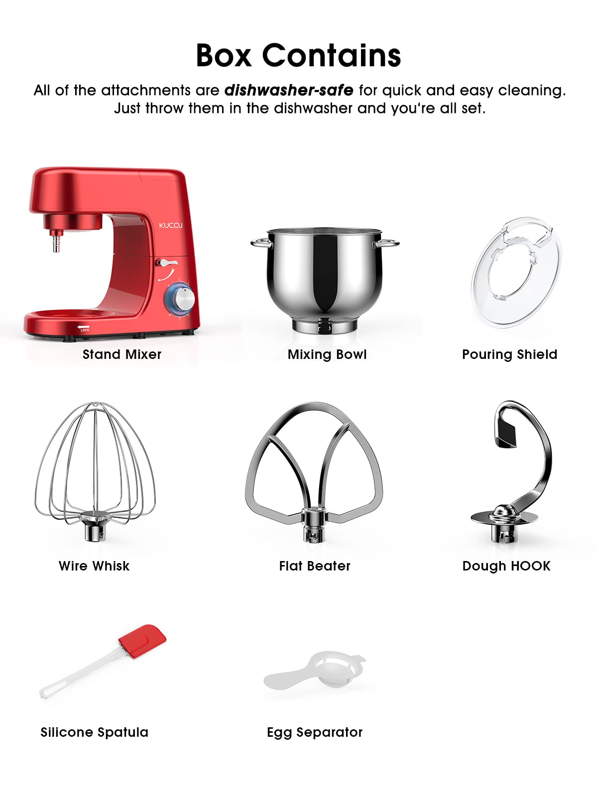9.5 QT KUCCU Stand Mixer with 6 Speeds & Pulse Function - 660W Tilt-Head Electric Kitchen Mixer for Baking - Includes Dough Hook, Flat Beater, Whisk & Splash Guard - Dishwasher Safe - Perfect for Cakes, Cookies, Bread & Dough (Red)