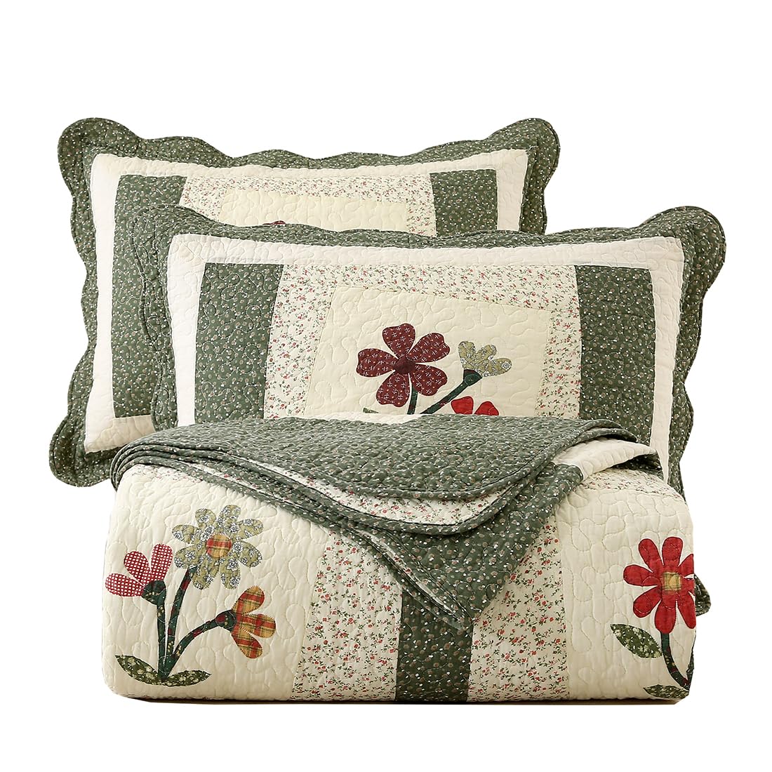 VCTOPS Farmhouse Green 2-Piece Embroidered Floral Quilted Bedspread Set - 100% Cotton Reversible Patchwork Coverlet with 1 Quilt & 1 Pillow Sham (Twin Size) - Perfect for Cozy Bedroom Decor, Guest Room & Farmhouse Style Home