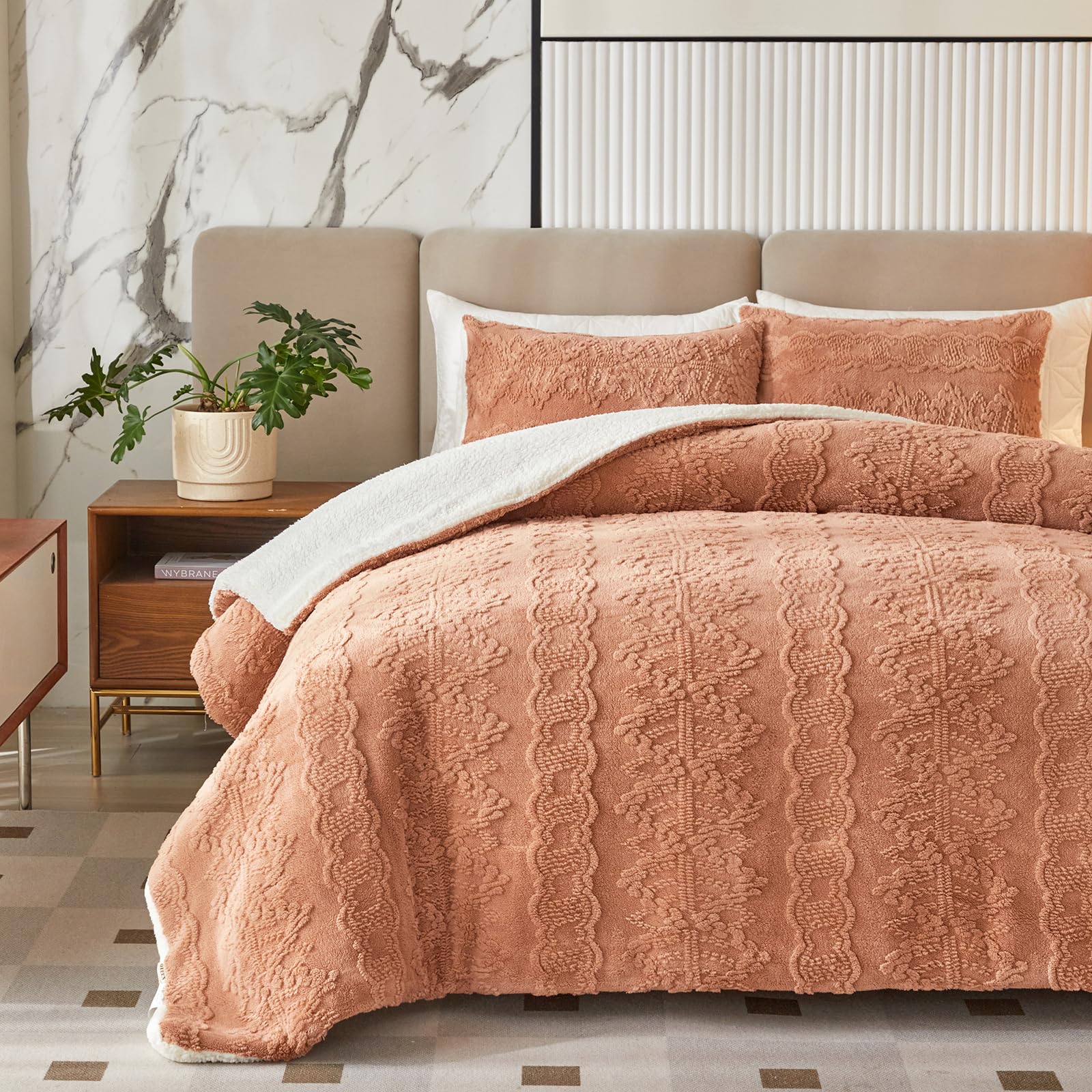 Luxury Flannel Fleece Sherpa Comforter Set Full/Queen Size - Jacquard Boho Stripes Down Alternative Comforter Coral - 3 Piece Ultra Soft & Warm Bedding Set for Winter (1 Comforter + 2 Pillowcases) - Cozy Home Decor for Master Bedroom, Guest Room & Dorm