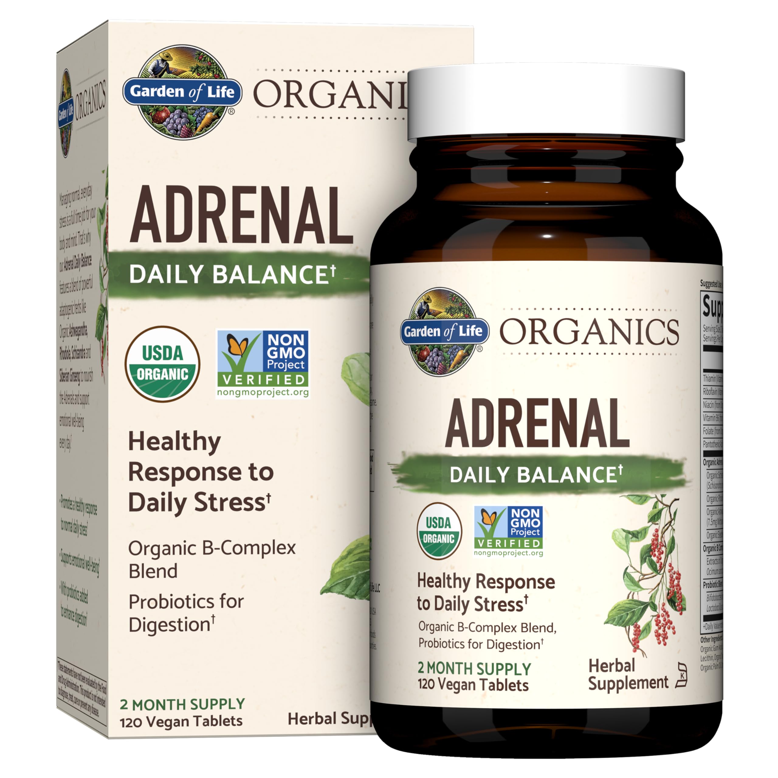 Garden of Life Organics Adrenal Daily Balance Supplement - 120 Tablets (2 Month Supply) with Ashwagandha, Holy Basil, B Complex & Probiotics | Organic, Non-GMO, Vegan, Gluten Free | Stress Relief & Energy Support for Busy Lifestyles