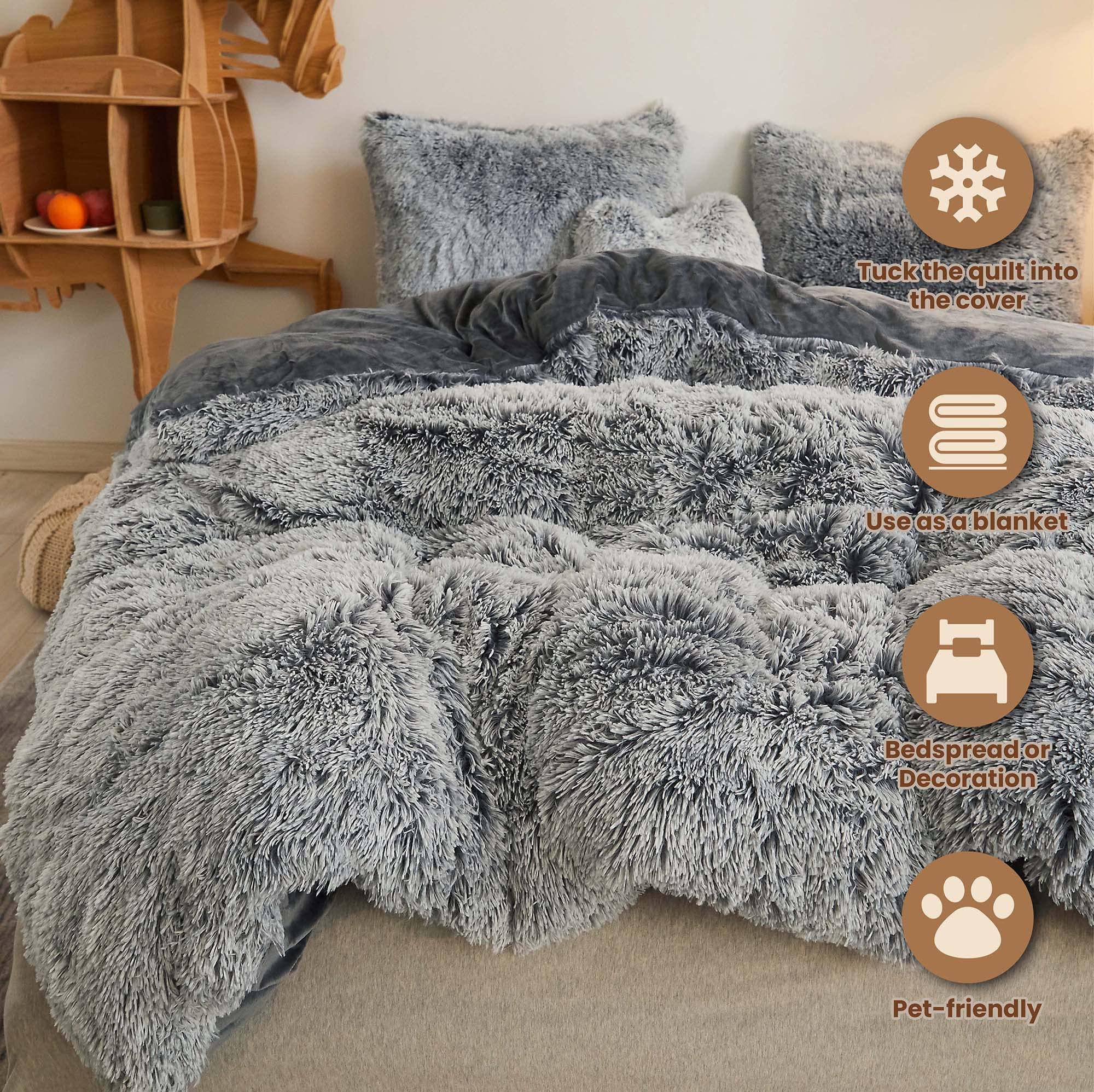 Luxury Shaggy Faux Fur Duvet Cover Set - Soft 3-Piece Queen Size Comforter Cover with Zipper Closure (Grey Ombre) | Cozy Bedding for Winter Nights & Stylish Home Decor